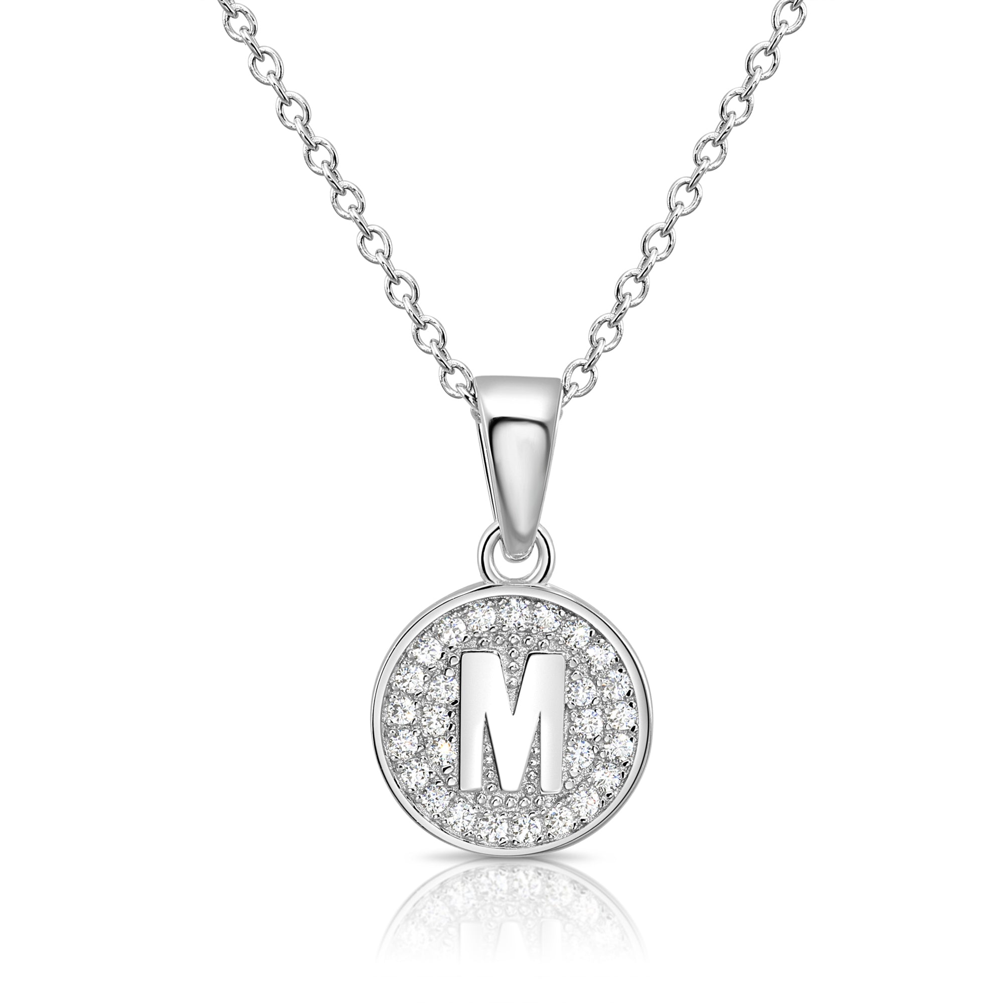 CZ Initial Round Charm Necklace (Letters A-Z) 16 18 in Sterling Silver