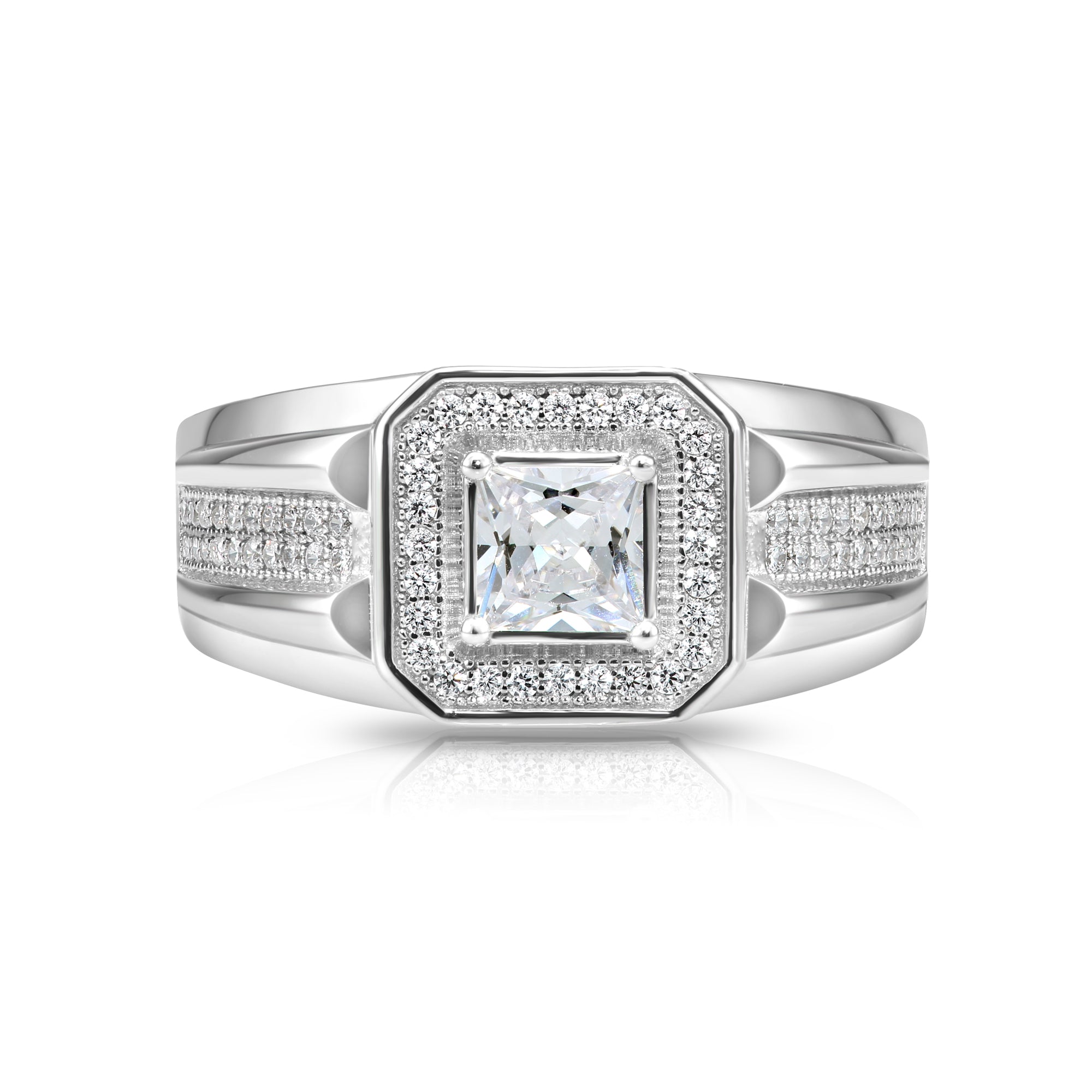 Solid 925 Sterling Silver Solitaire Princess-Cut Square Pave Wedding Pinky Ring