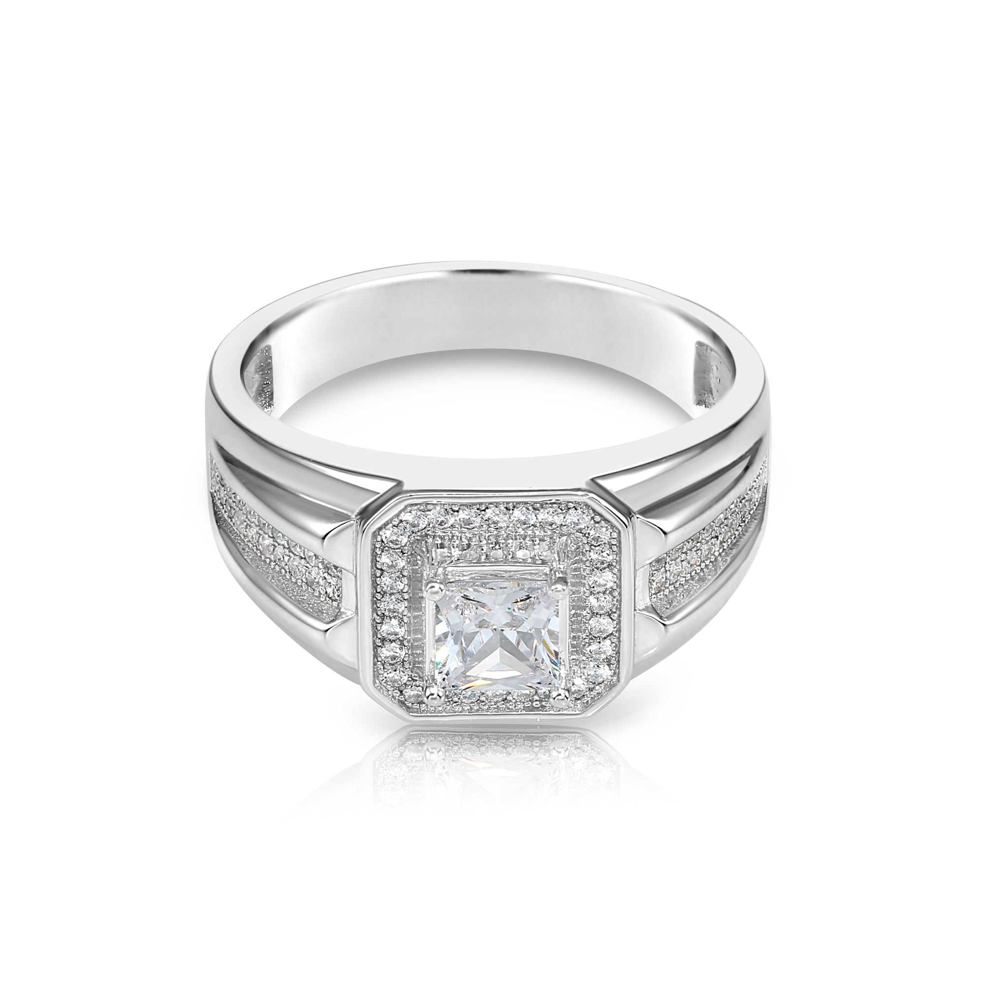 Solid 925 Sterling Silver Solitaire Princess-Cut Square Pave Wedding Pinky Ring