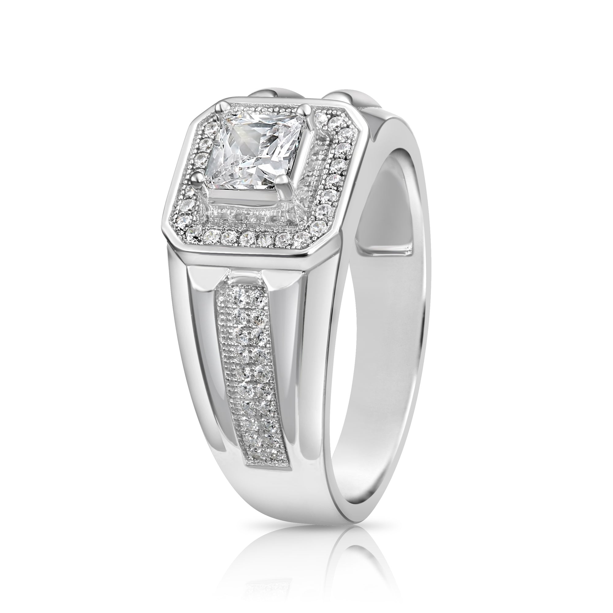 Solid 925 Sterling Silver Solitaire Princess-Cut Square Pave Wedding Pinky Ring