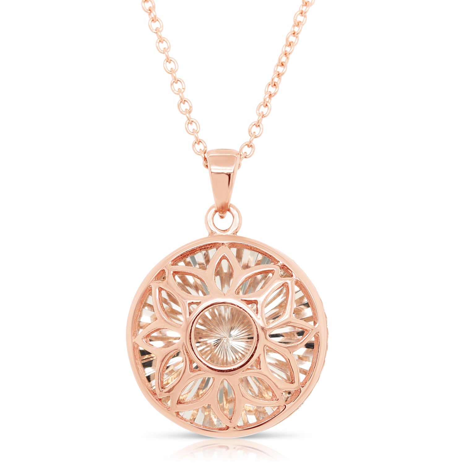 Round Flower Charm Necklace Rose Gold Plated in Sterling Silver