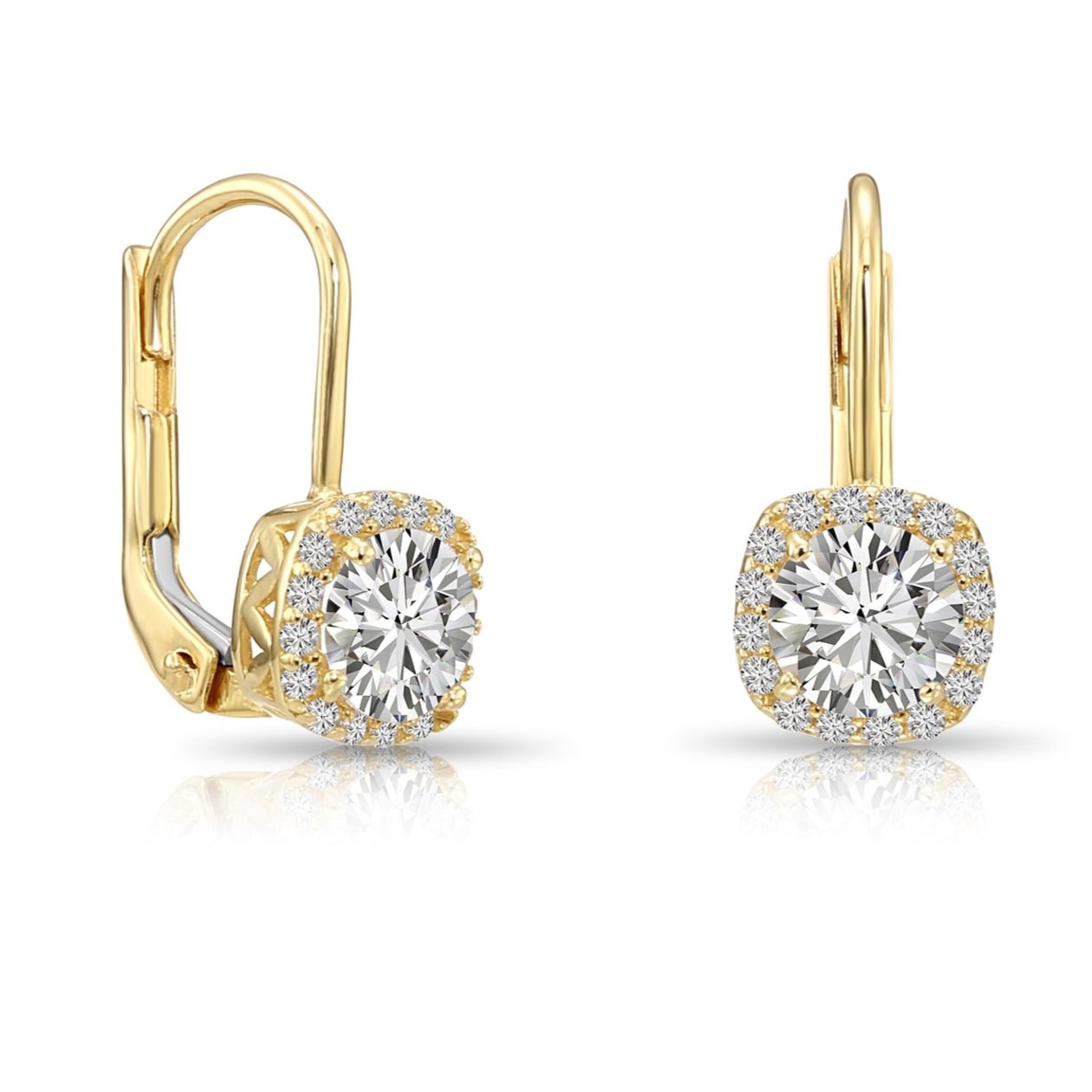 14K Gold Cushion-Shaped Halo Drop Earrings With Lever backs