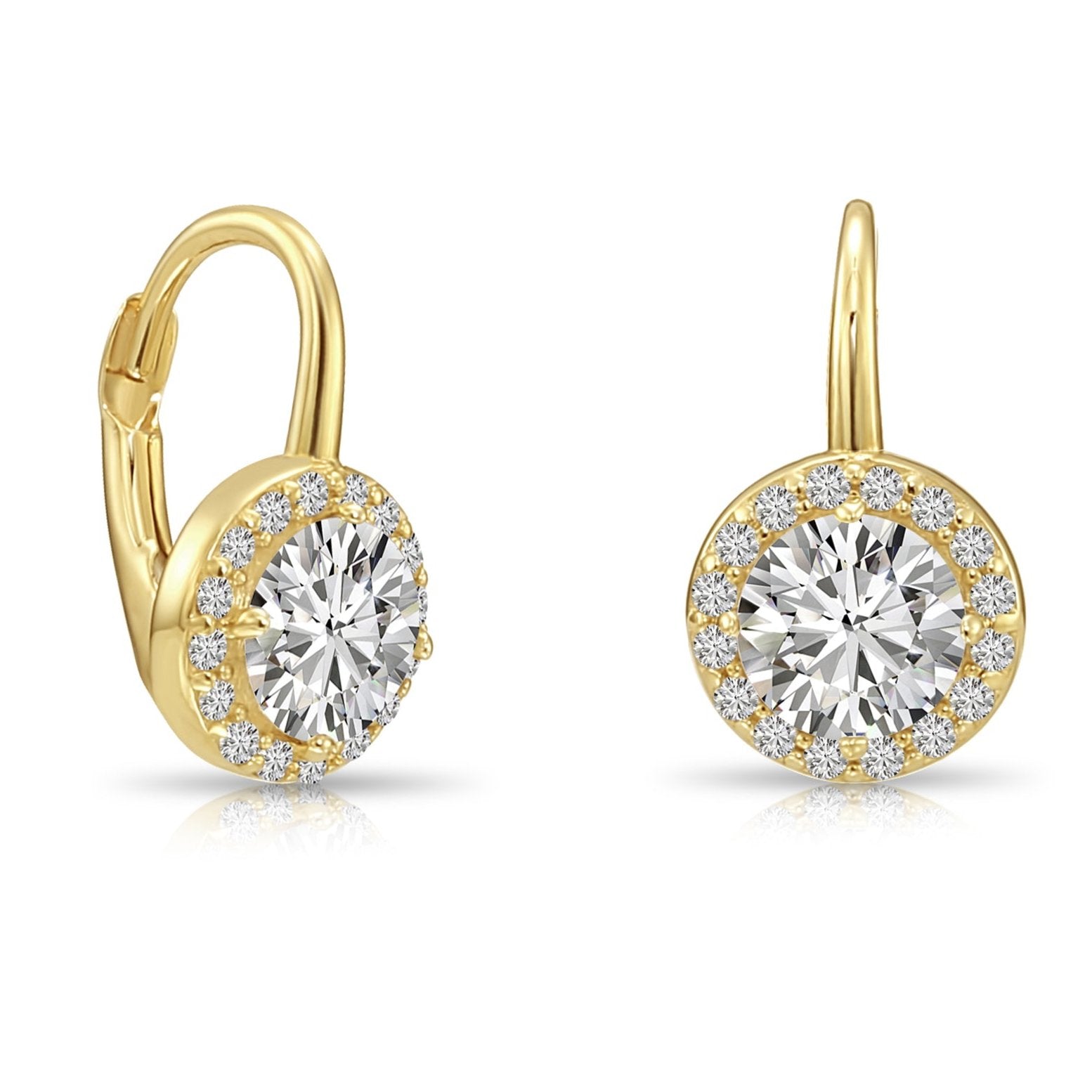 14K Gold Round Brilliant-Cut Halo Drop Earrings With Lever backs