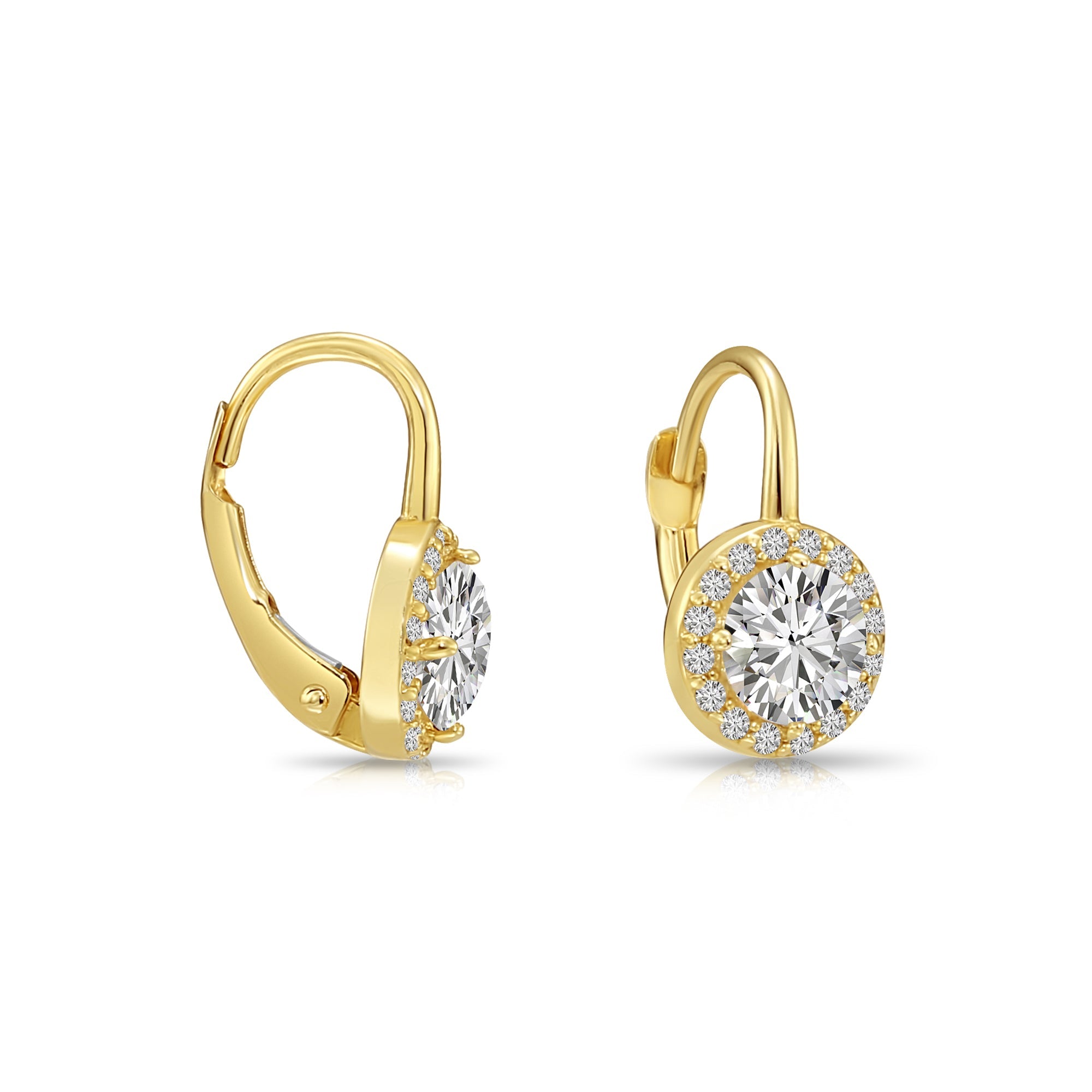 14K Gold Round Brilliant-Cut Halo Drop Earrings With Lever backs