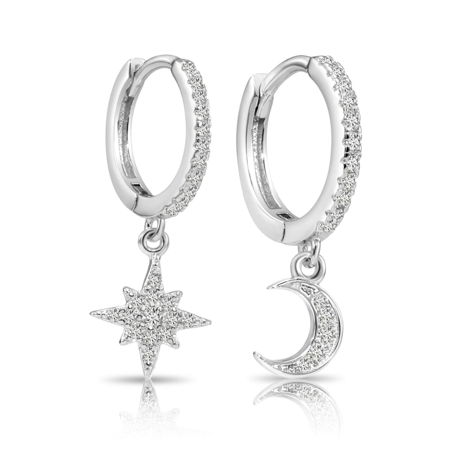 925 Sterling Silver Pave Star + Moon Dangle Drop Earrings. Huggies Hoop Design