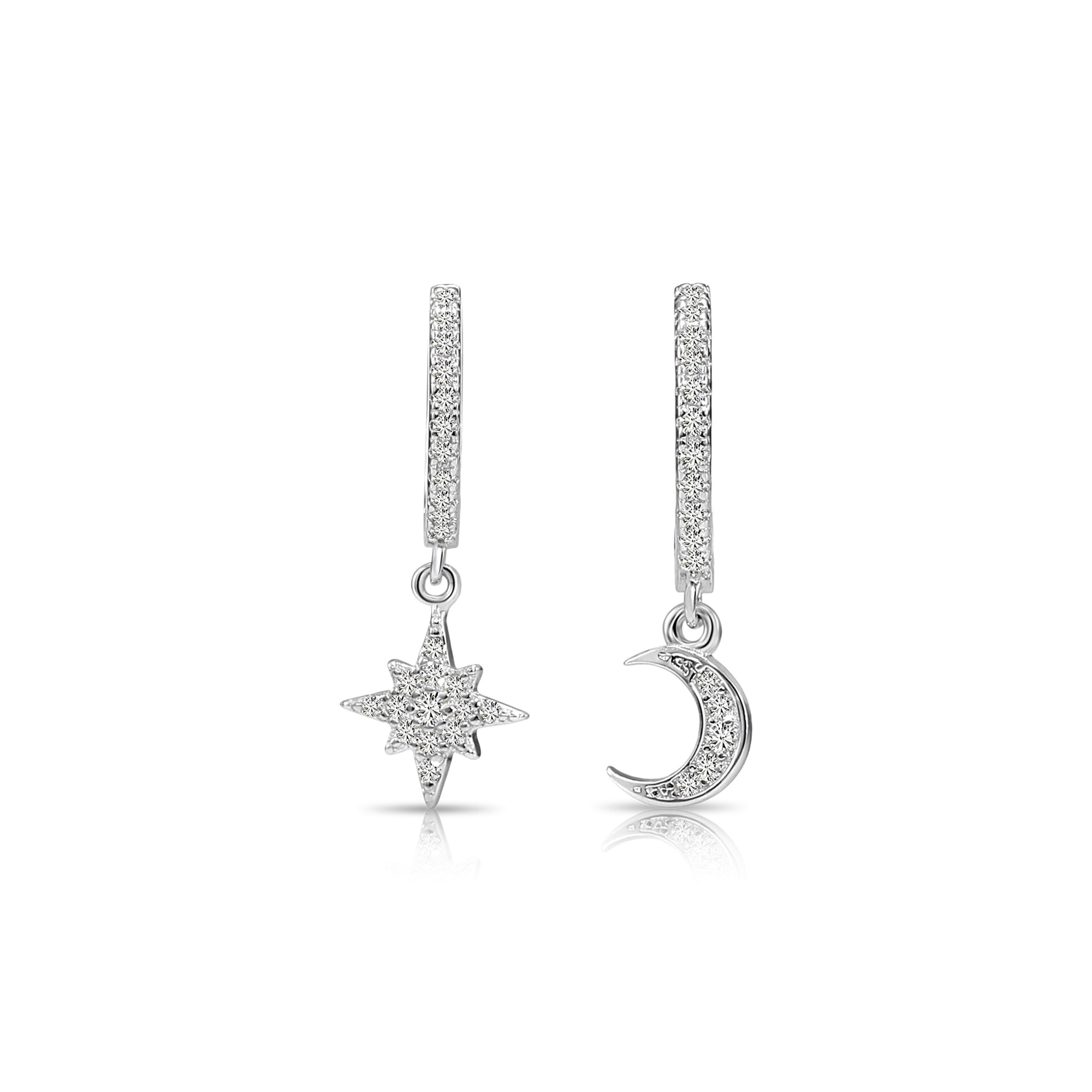 925 Sterling Silver Pave Star + Moon Dangle Drop Earrings. Huggies Hoop Design