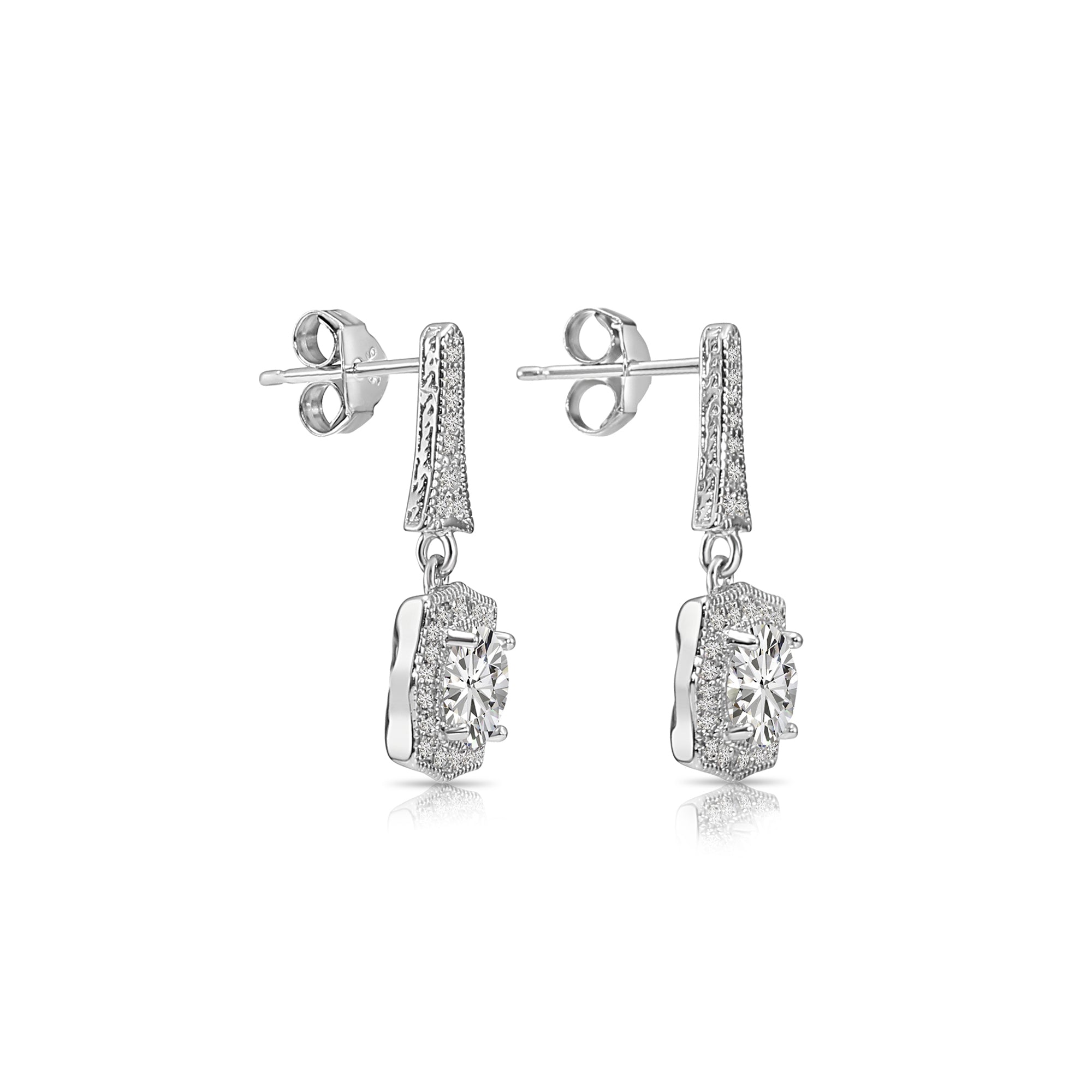 925 Sterling Silver Drop Dangle Earrings. Halo CZ Cushion Design. With Push-Backs