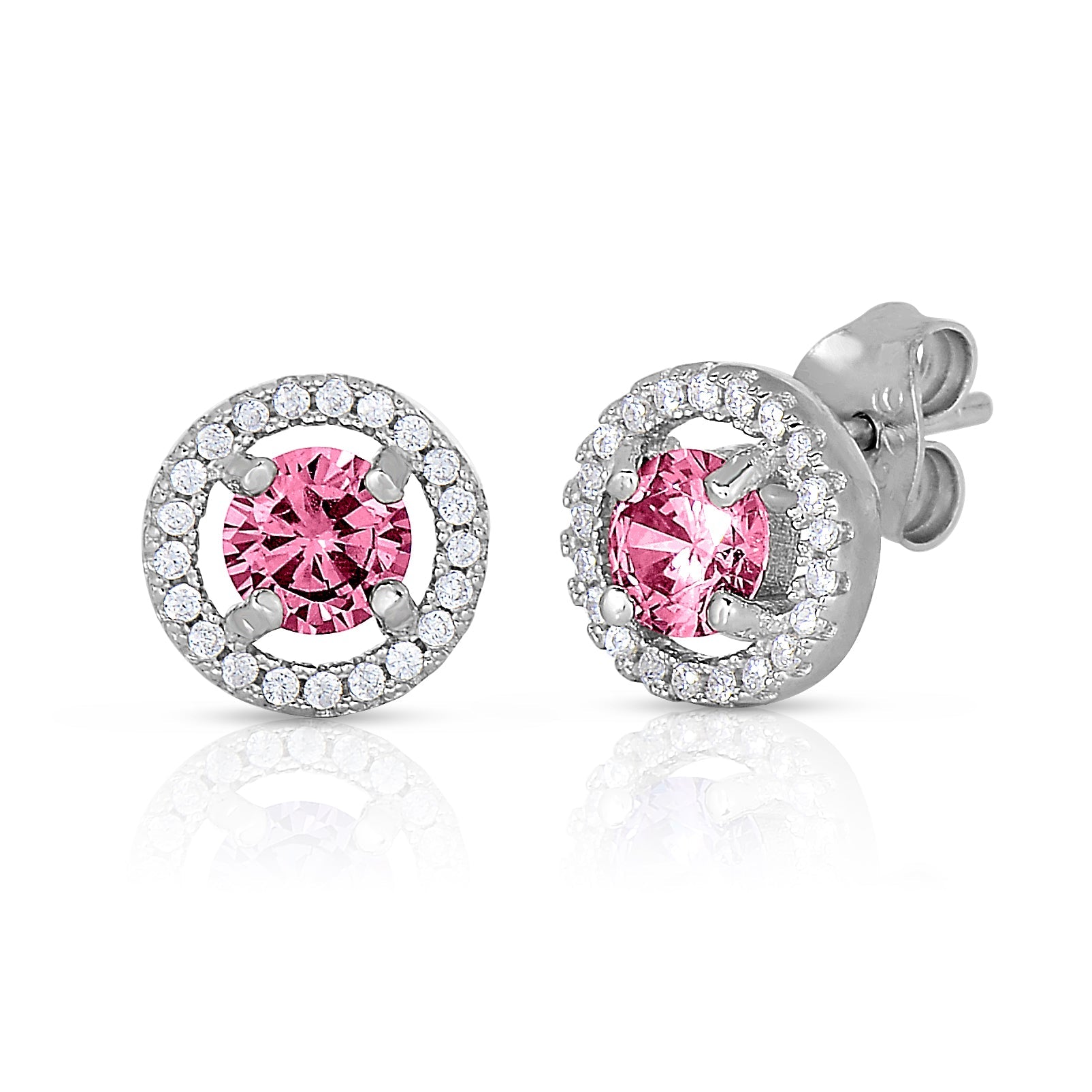 CZ Birthstone Halo Stud Earrings - Available in all 12 colors in Sterling Silver