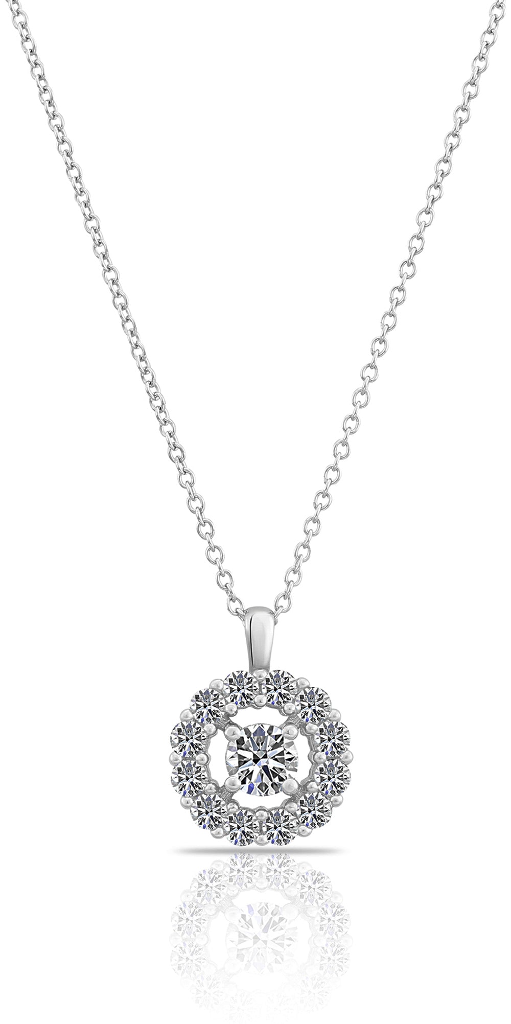 CZ Round Solitaire Halo Charm Necklace in Sterling Silver