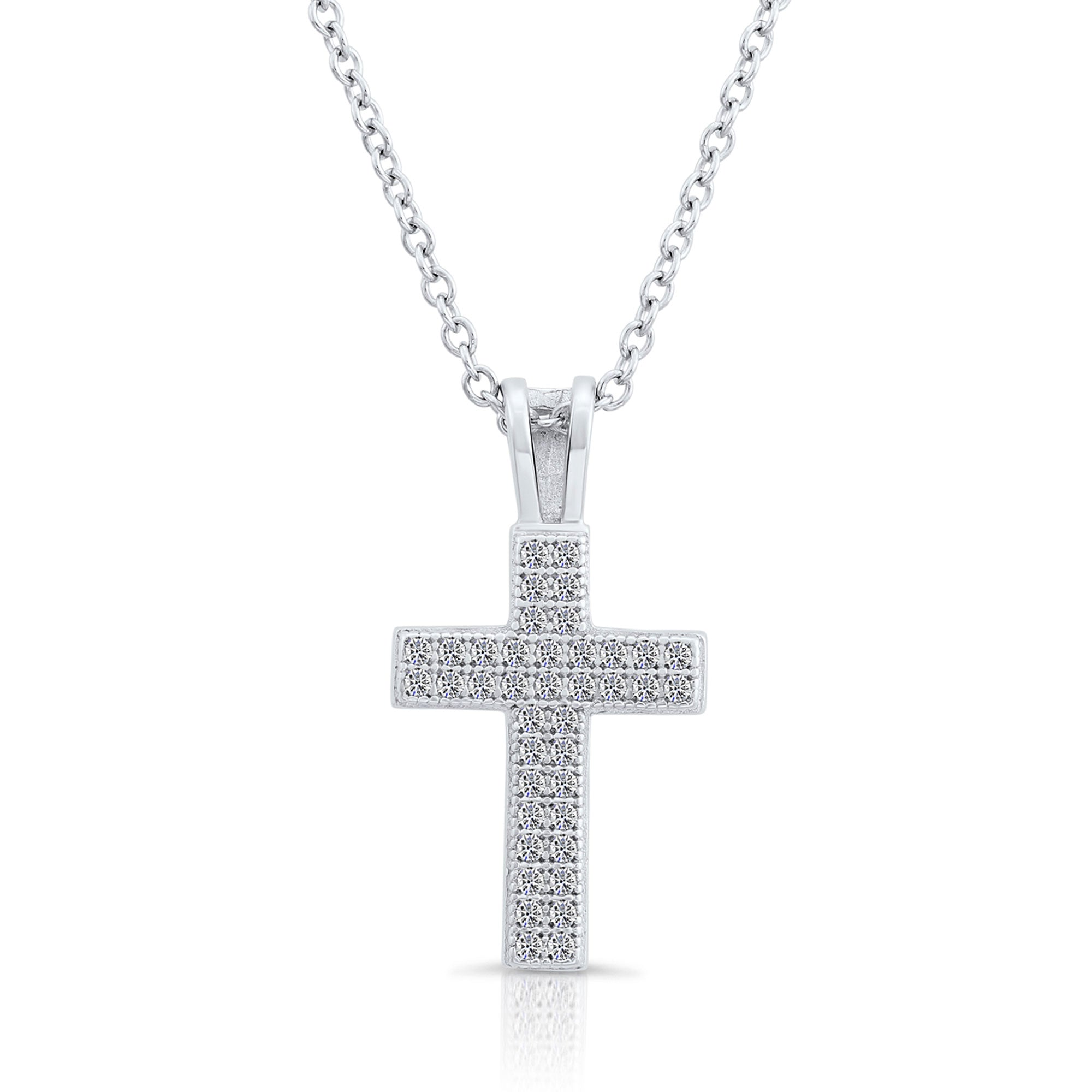 CZ Religious Cross Charm Necklace in Sterling Silver