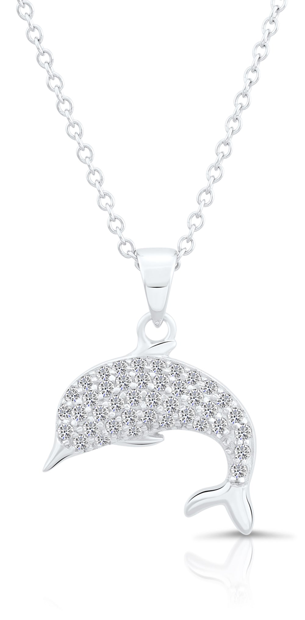 CZ Dolphin Charm Necklace. Tropical Charm Pendant in Sterling Silver