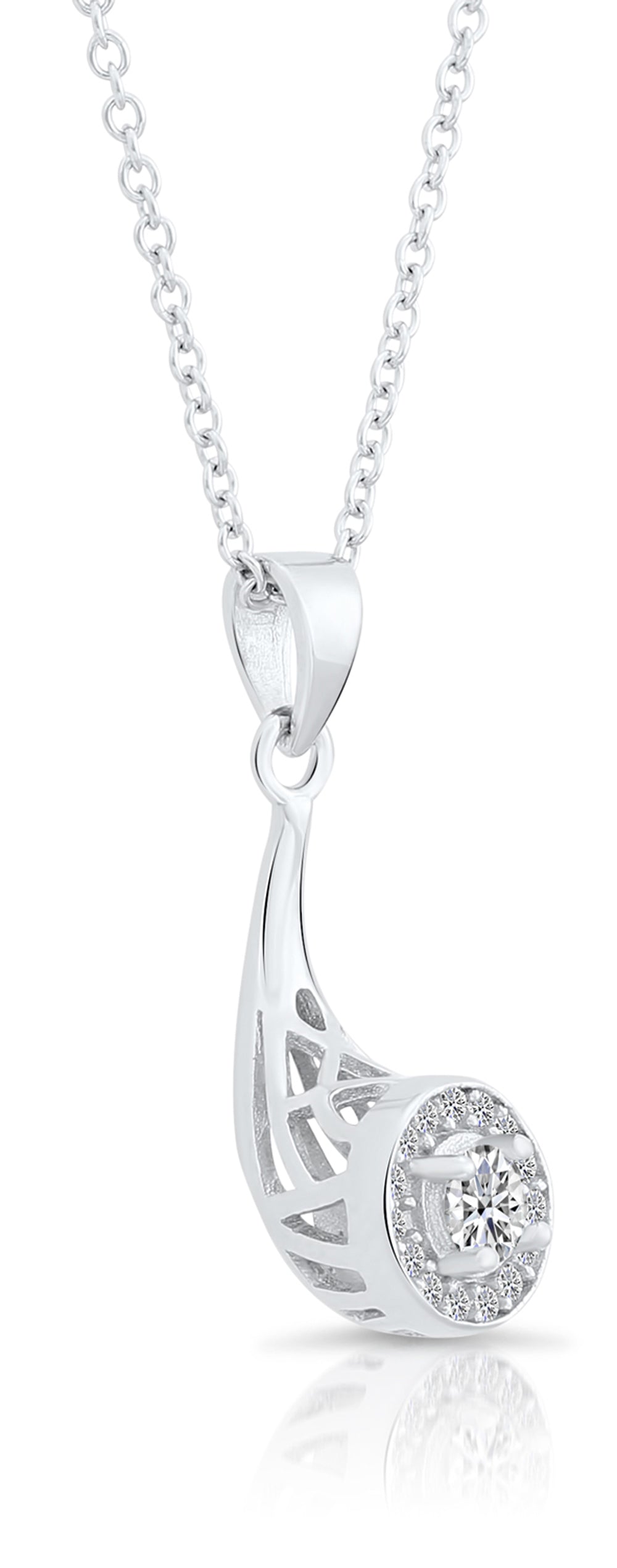 Halo Cz Horn Charm Necklace in Sterling Silver