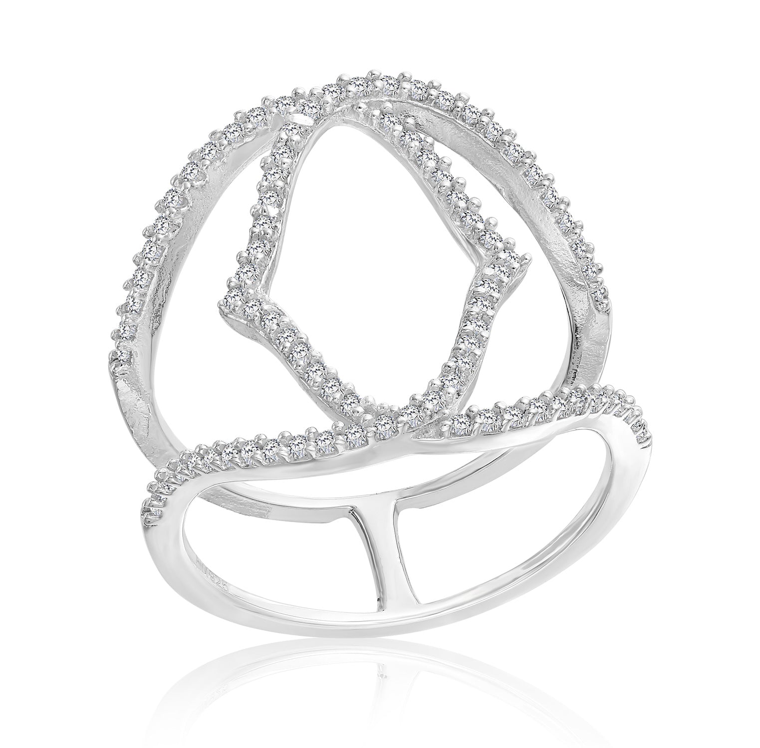 CZ Double Band Crossover Open Ring in Sterling Silver