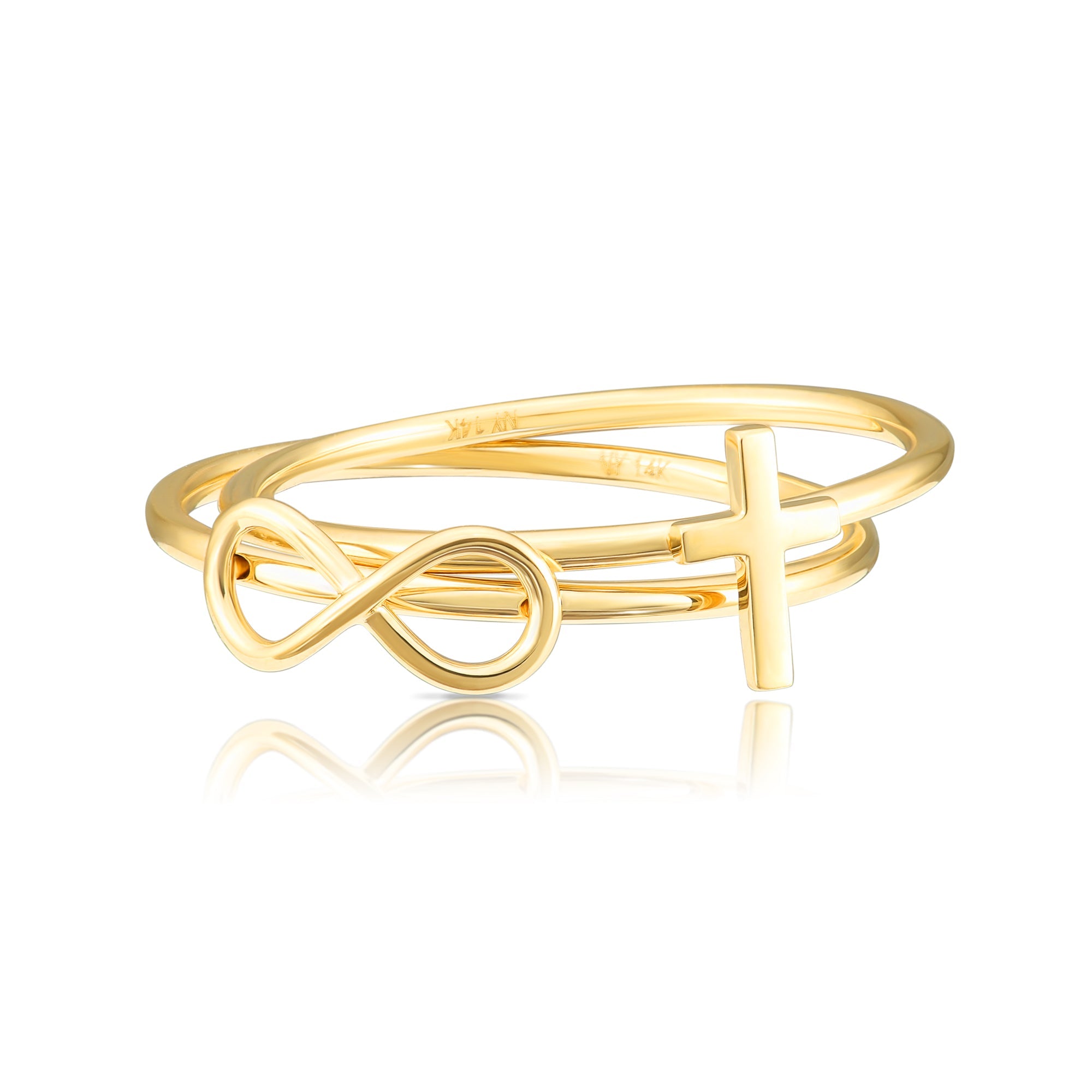 Solid 14k Gold Infinity Cross Ring. Stackable Religious Ring 2 Piece Set