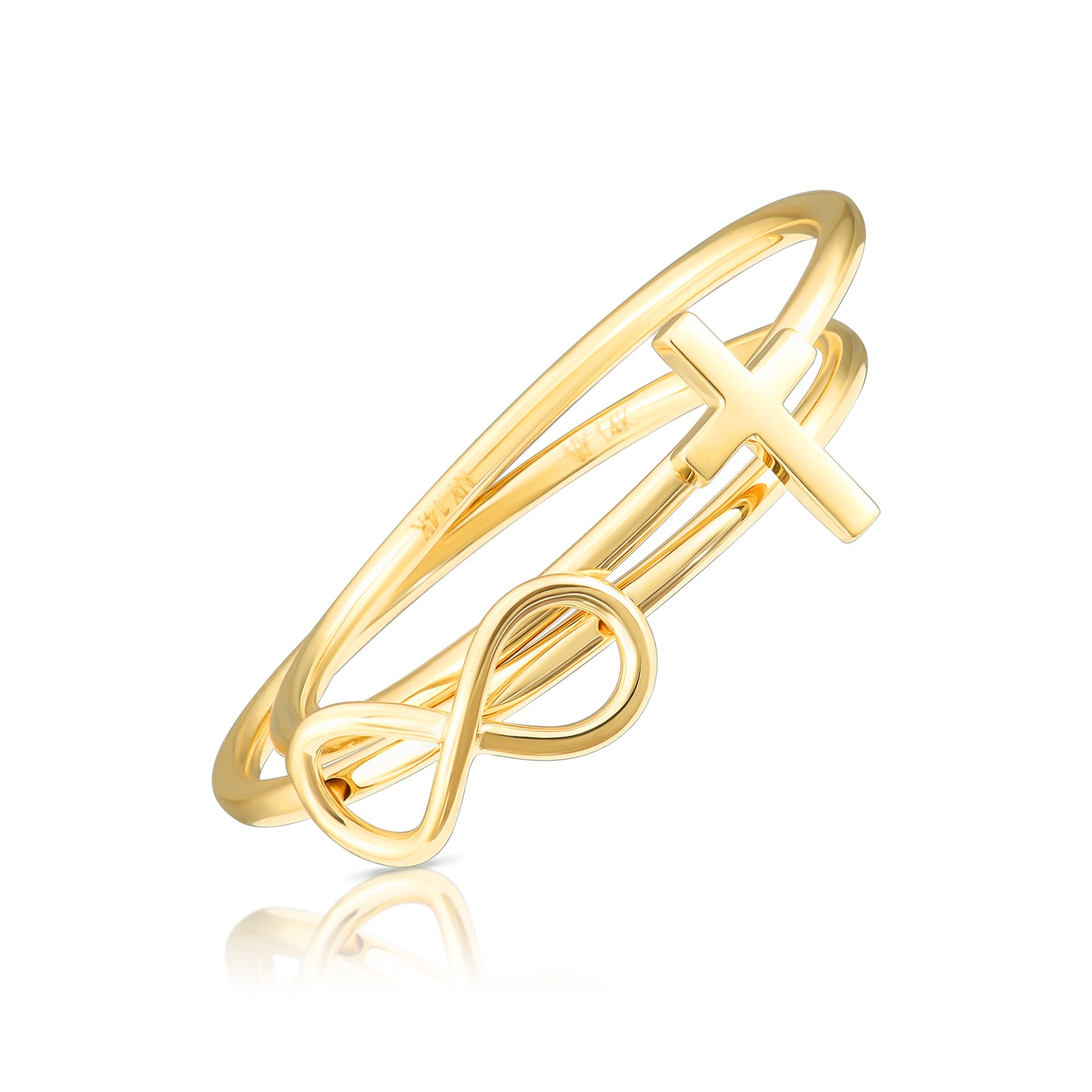 Solid 14k Gold Infinity Cross Ring. Stackable Religious Ring 2 Piece Set