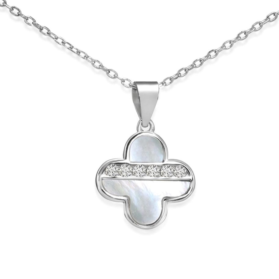 925 Sterling Silver Four Leaf Clover. Mother Of Pearl Design. With CZ Stones. Adjustable Necklace 18-20