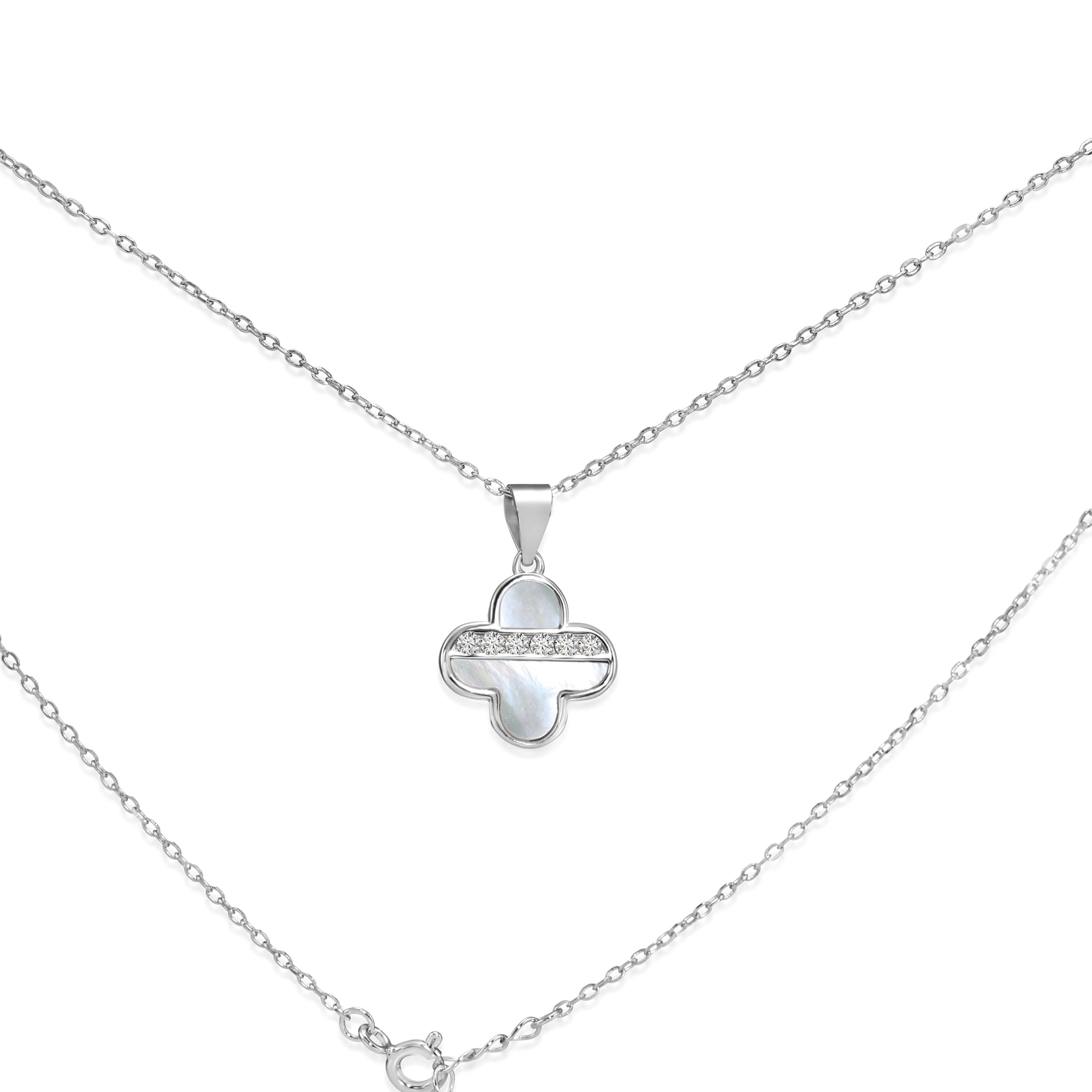 925 Sterling Silver Four Leaf Clover. Mother Of Pearl Design. With CZ Stones. Adjustable Necklace 18-20