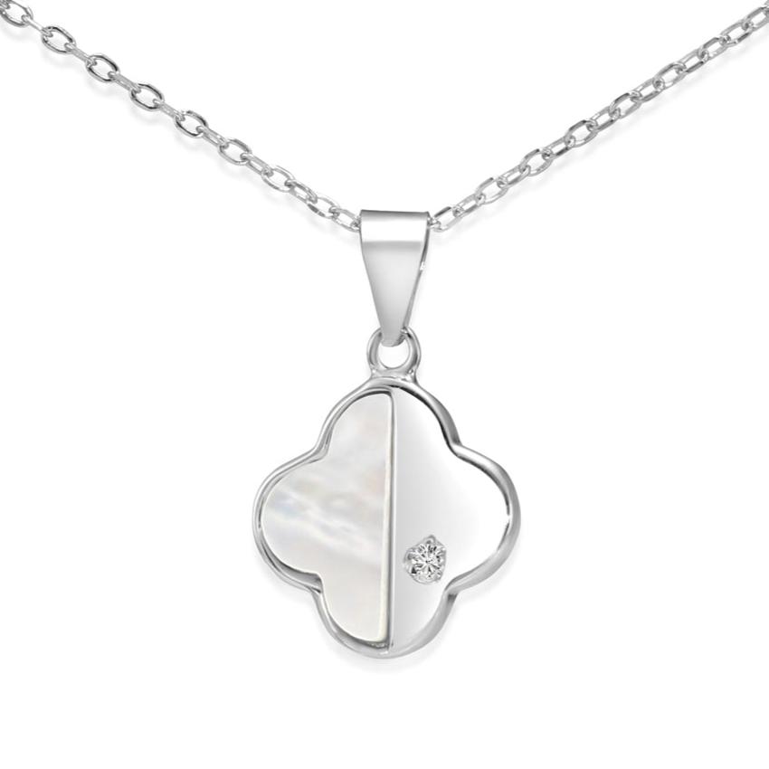 925 Sterling Silver Four Leaf Clover. Mother Of Pearl Design. With CZ Stones. Adjustable Necklace 18-20