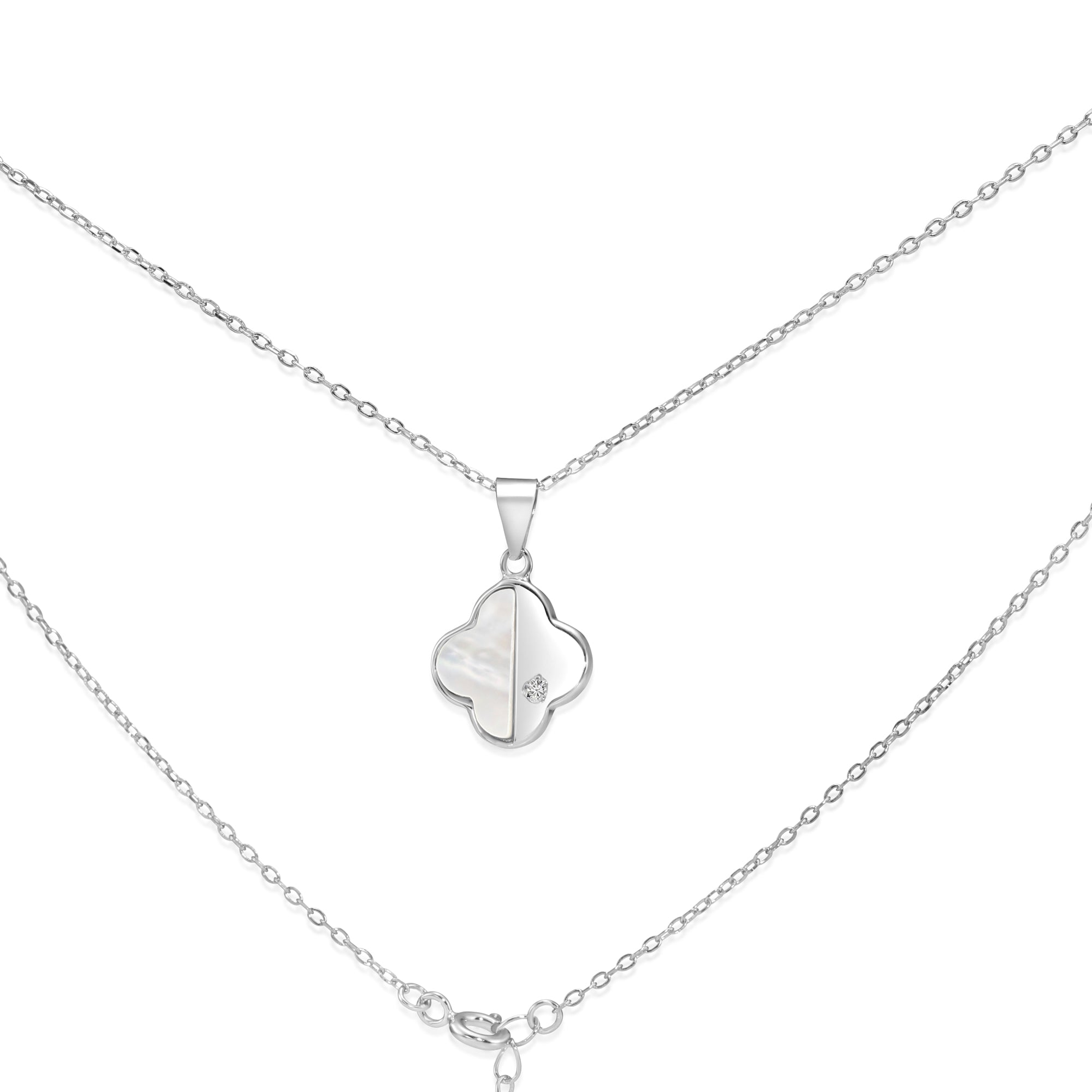 925 Sterling Silver Four Leaf Clover. Mother Of Pearl Design. With CZ Stones. Adjustable Necklace 18-20