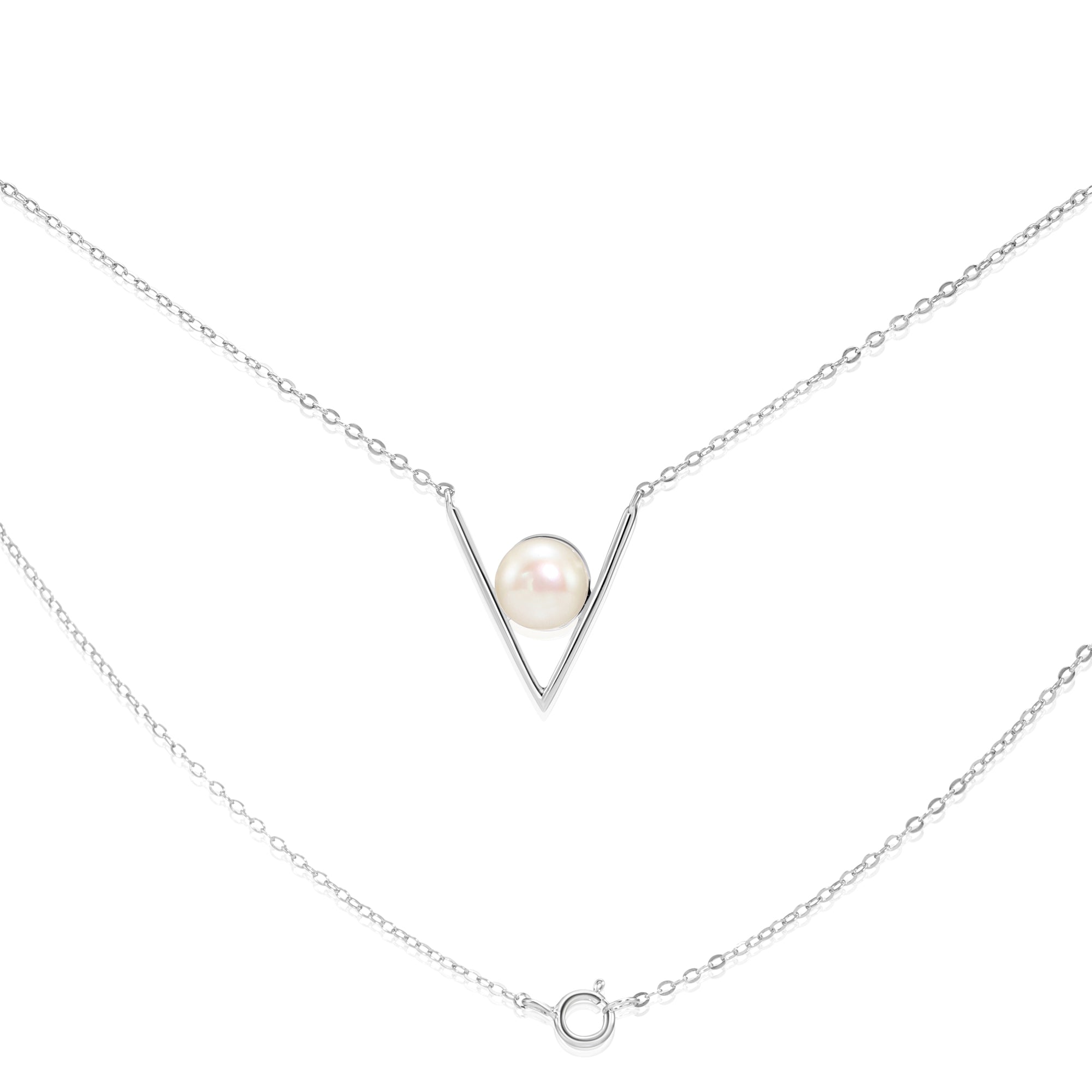 925 Sterling Silver Freshwater Pearl Necklace. Chevron Design. 18 inch