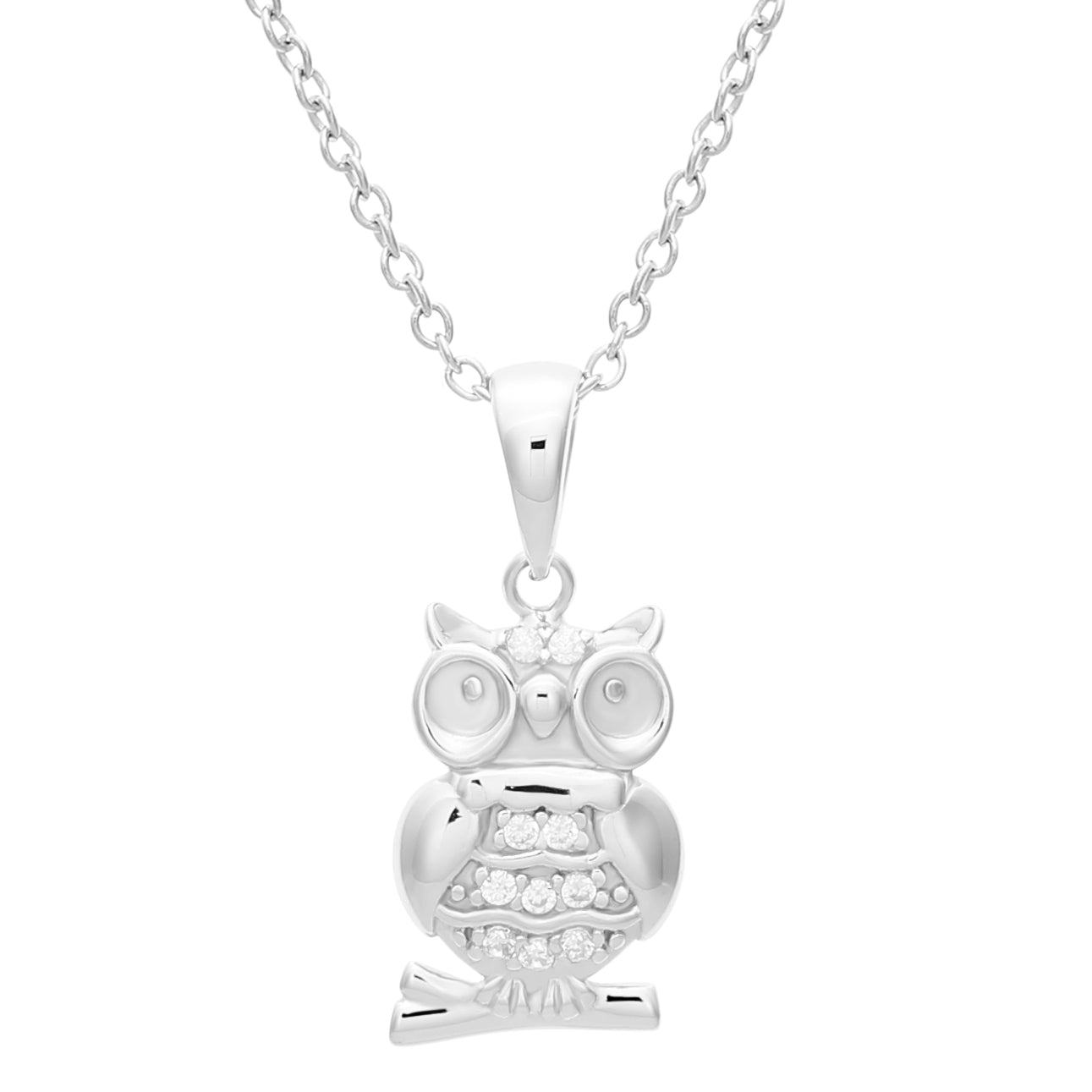 CZ Owl Charm Necklace in Sterling Silver