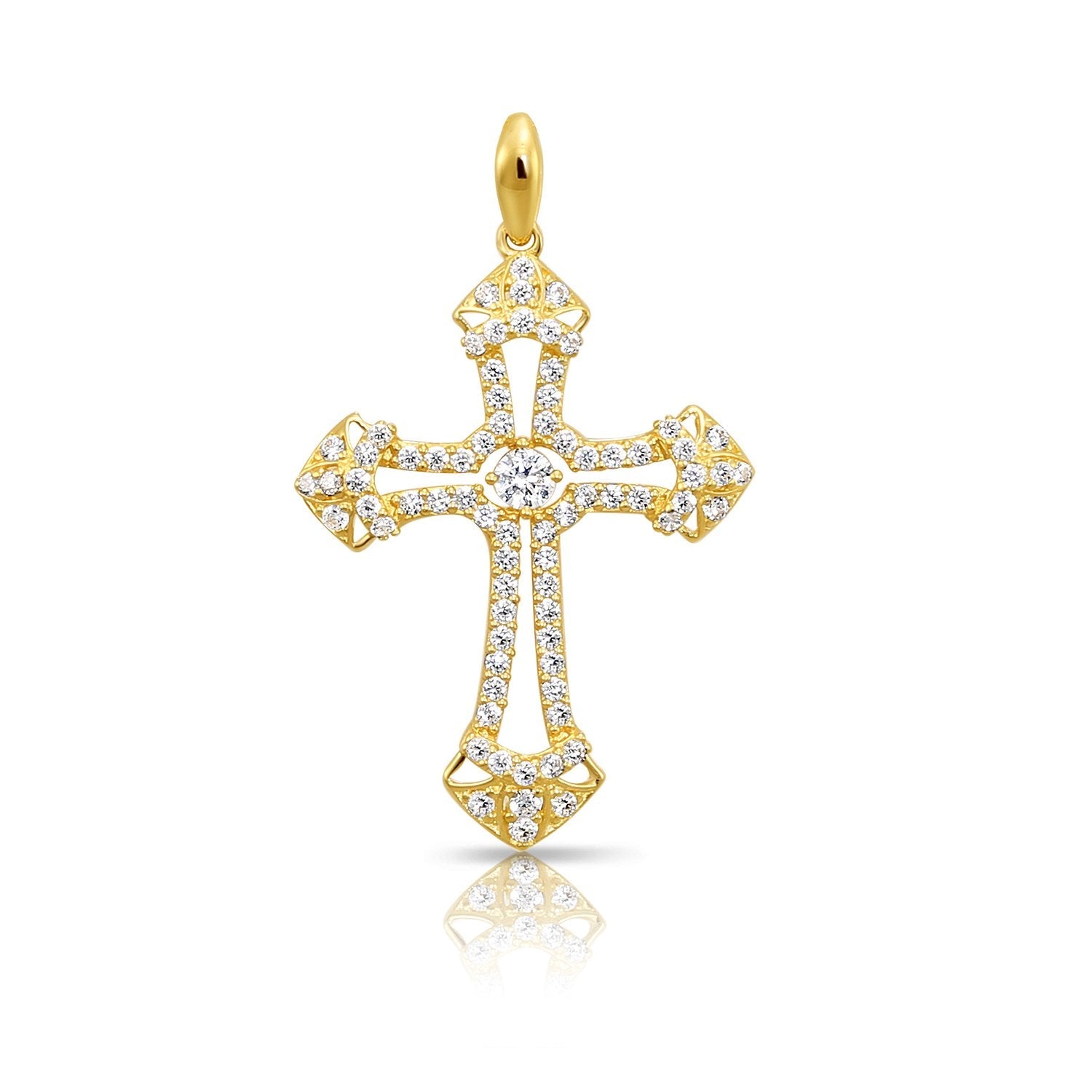 14K Solid Yellow Gold CZ Cross Pendant. With 18 Cable Chain Necklace