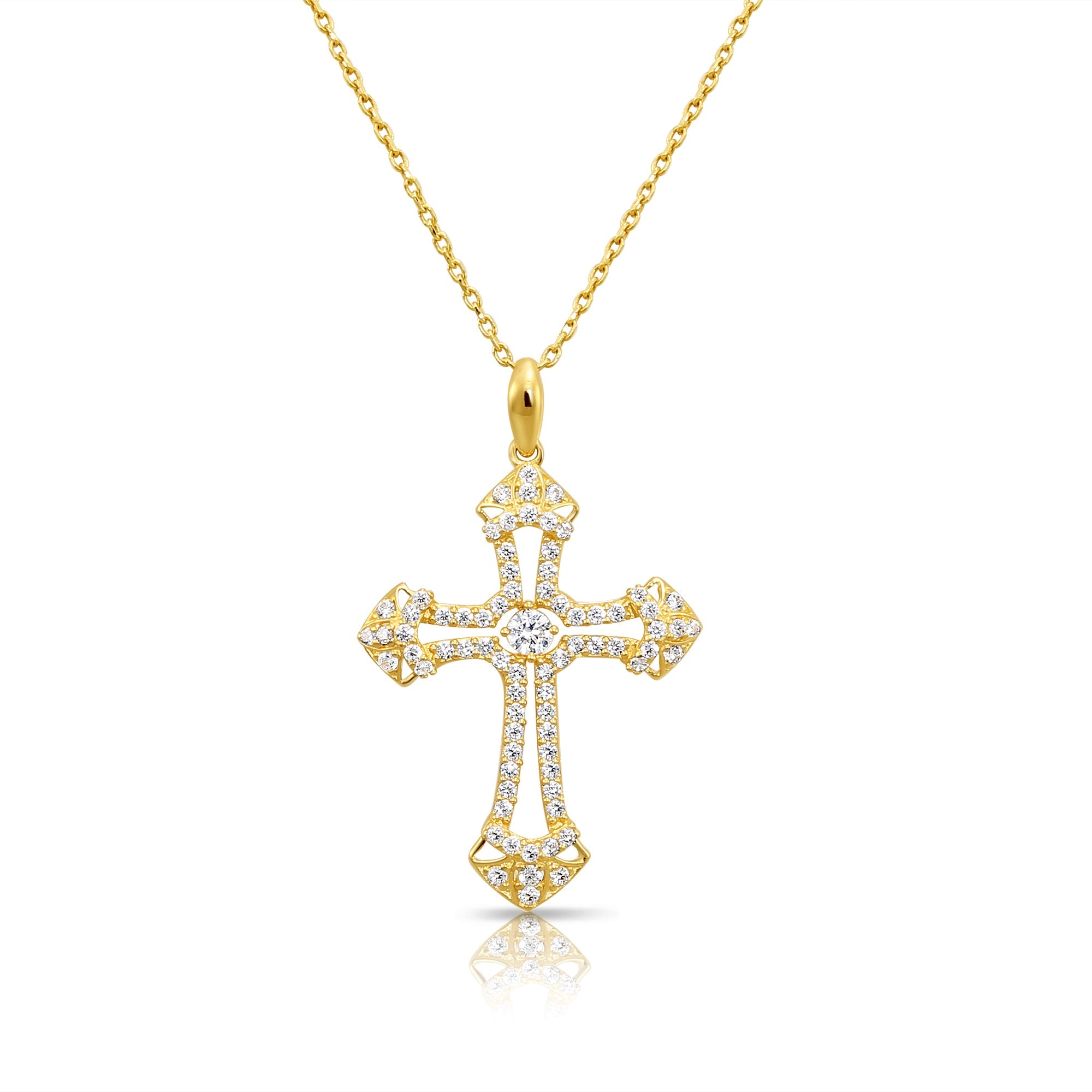 14K Solid Yellow Gold CZ Cross Pendant. With 18 Cable Chain Necklace