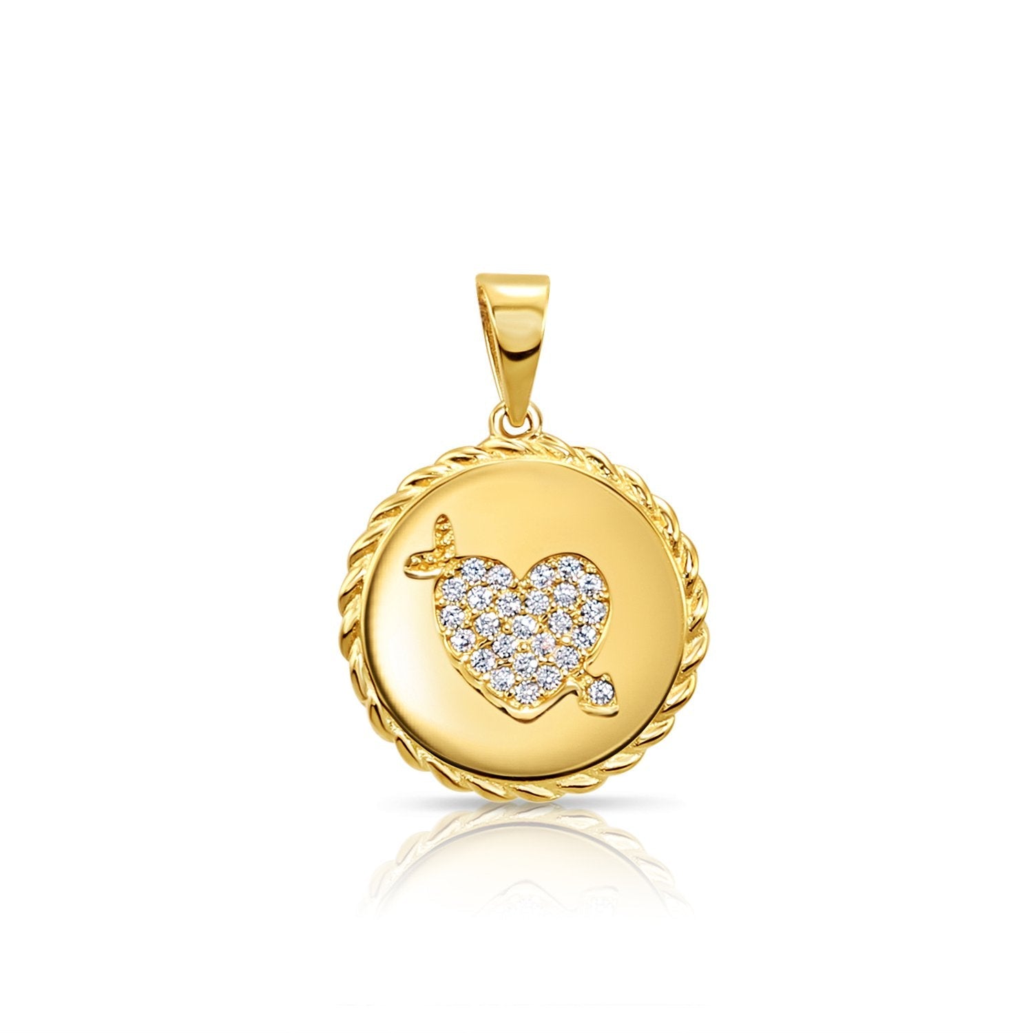 14K Solid Yellow Gold Pave CZ Heart Pendant. With 18 Cable Chain Necklace