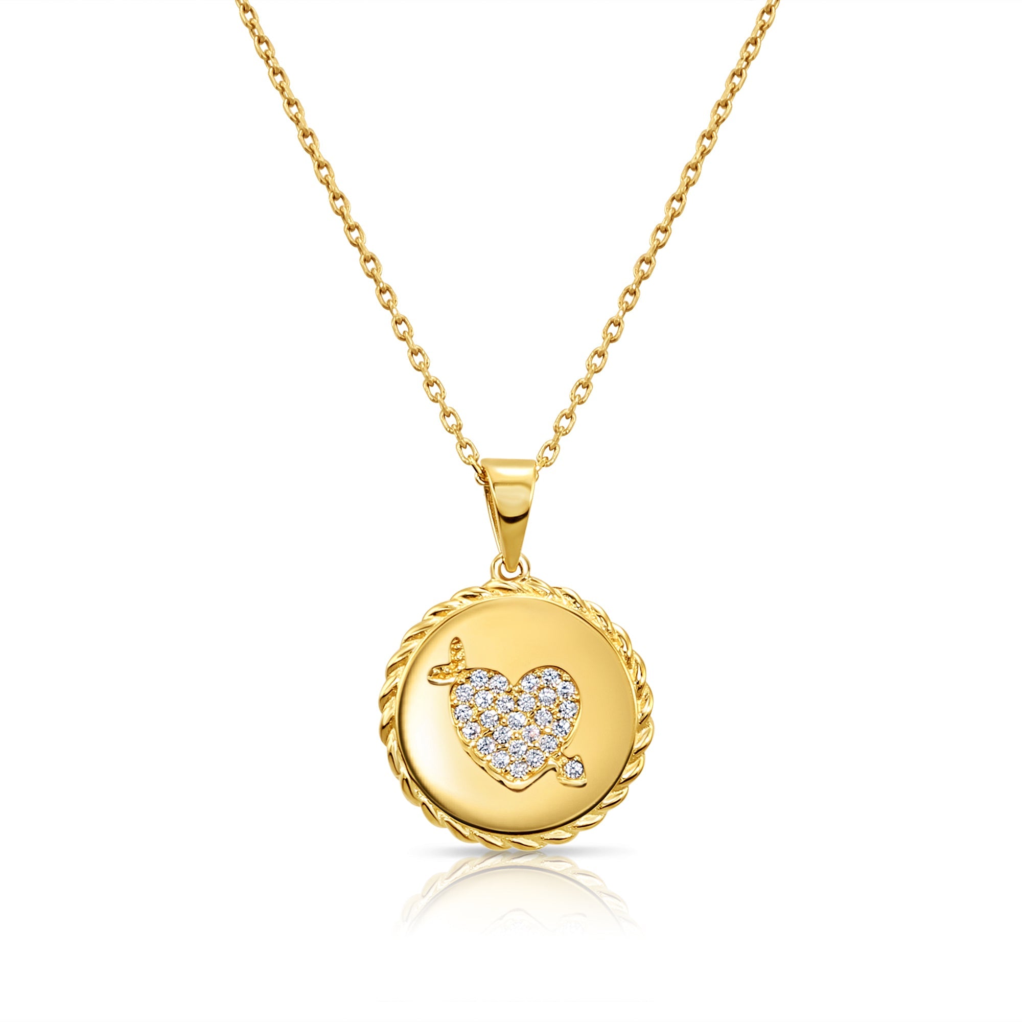 14K Solid Yellow Gold Pave CZ Heart Pendant. With 18 Cable Chain Necklace