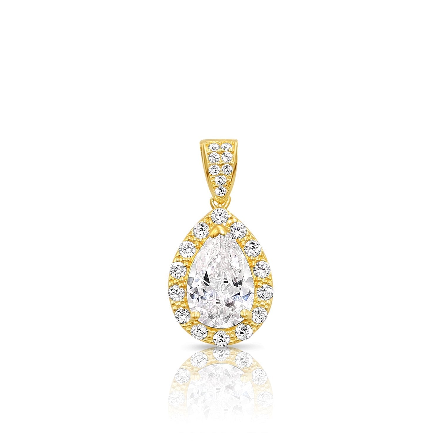 14K Solid Yellow Gold Pear-Cut Halo CZ Pendant. With 18 Cable Chain Necklace