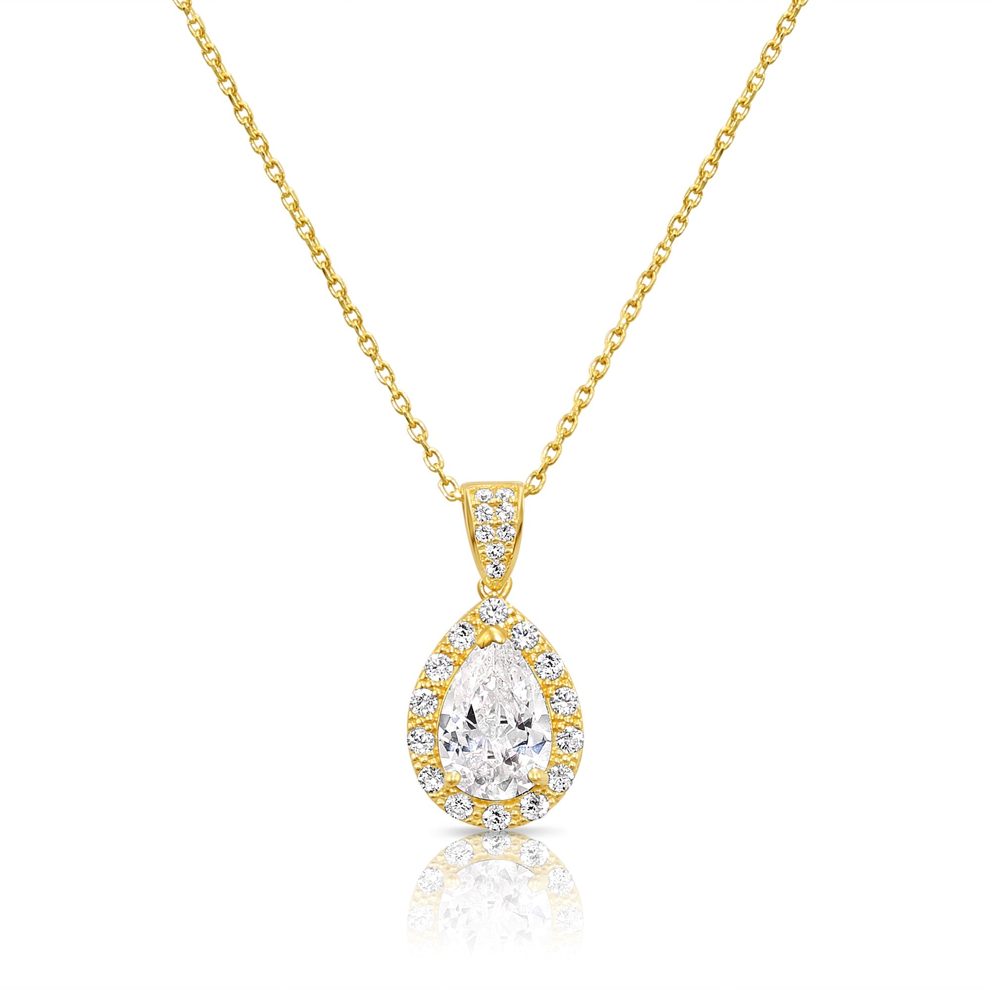 14K Solid Yellow Gold Pear-Cut Halo CZ Pendant. With 18 Cable Chain Necklace