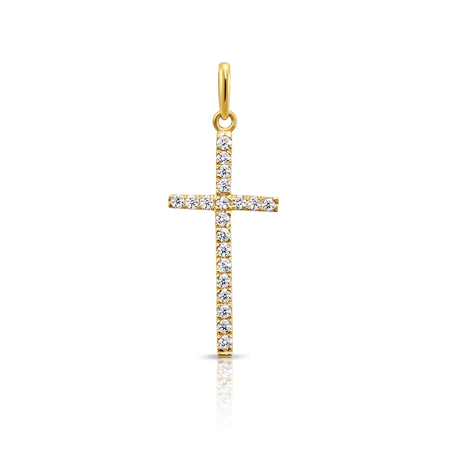 14K Solid Yellow Gold CZ Cross Pendant. With 18 Cable Chain Necklace