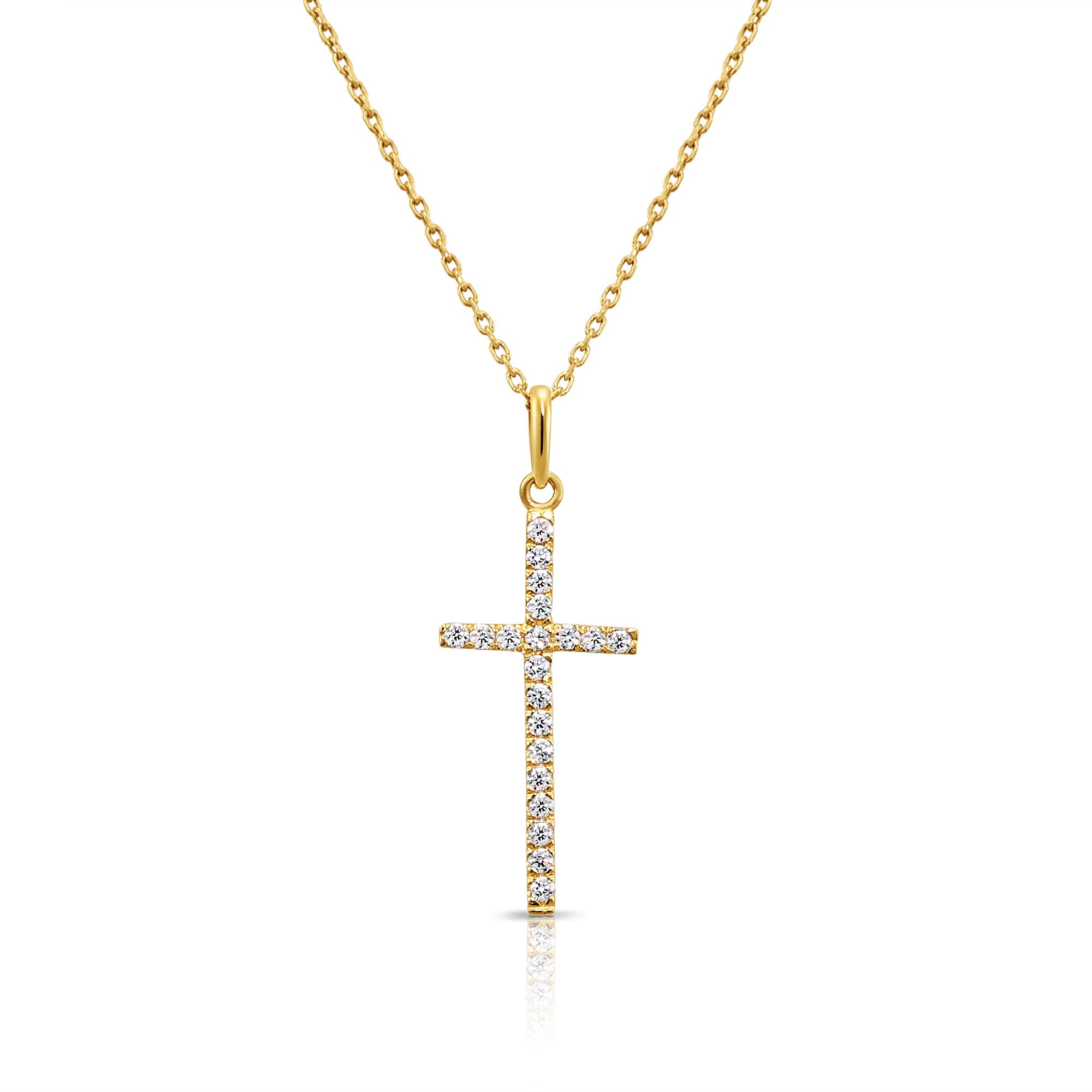 14K Solid Yellow Gold CZ Cross Pendant. With 18 Cable Chain Necklace