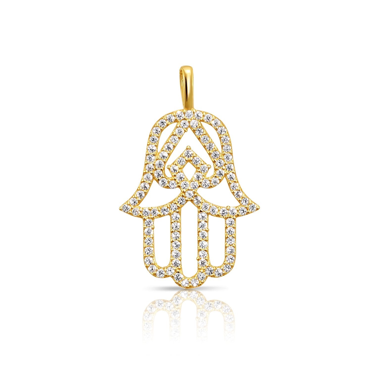 14K Solid Yellow Gold CZ Hamsa Pendant. With 18 Cable Chain Necklace