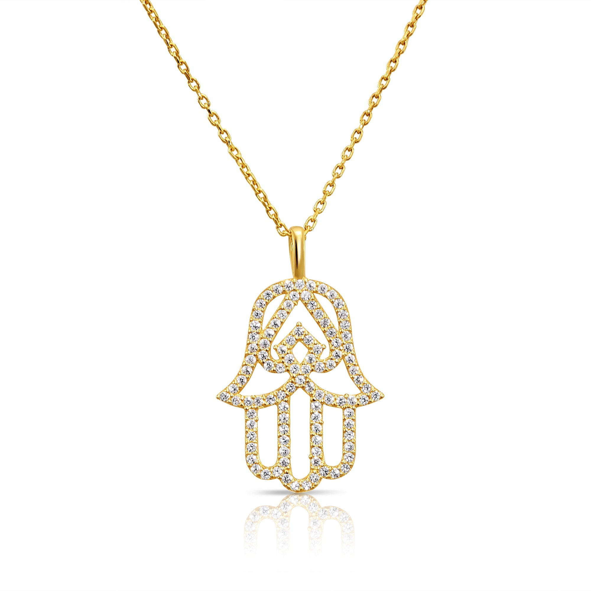 14K Solid Yellow Gold CZ Hamsa Pendant. With 18 Cable Chain Necklace