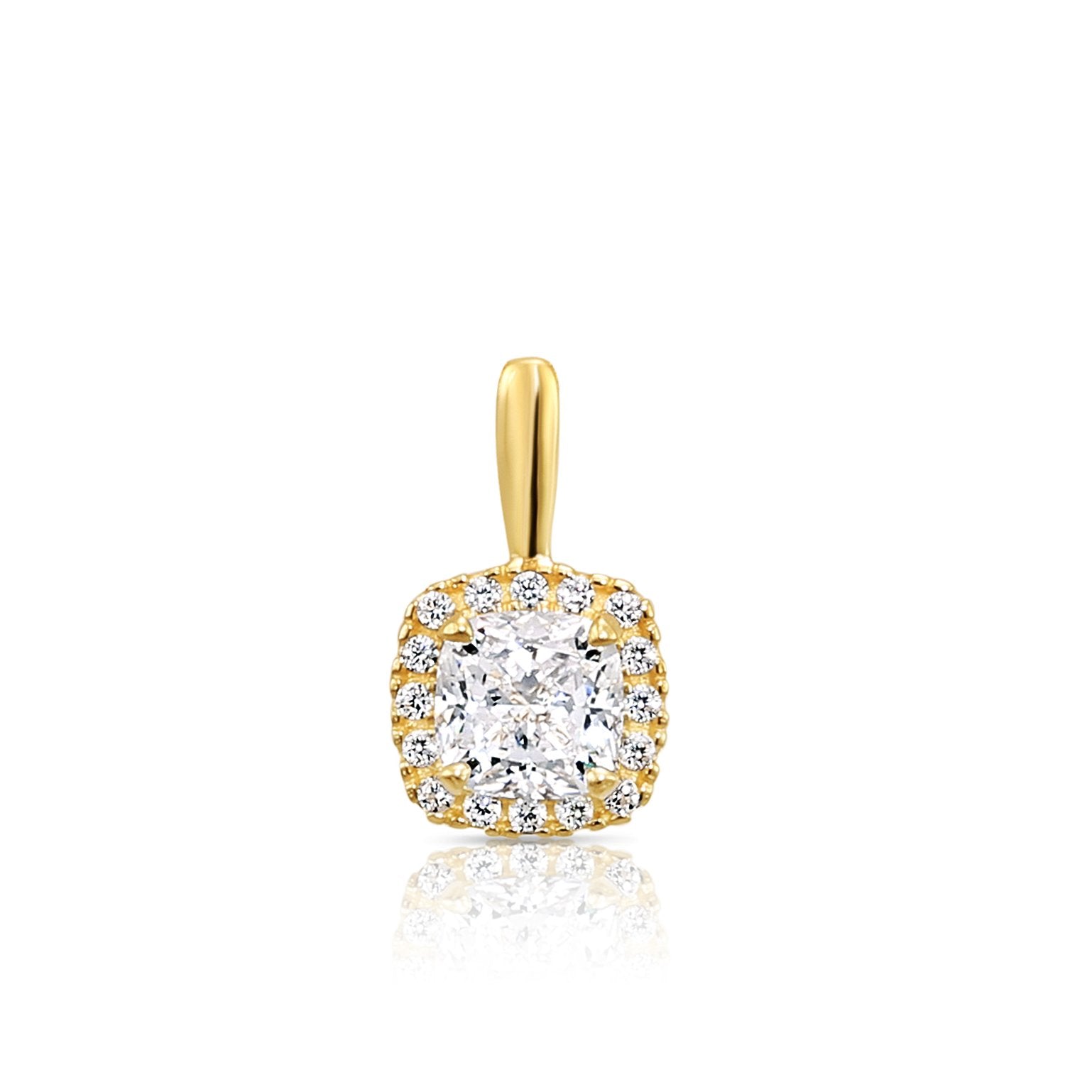 14K Solid Yellow Gold Cushion-Cut Halo CZ Pendant. With 18 Cable Chain Necklace