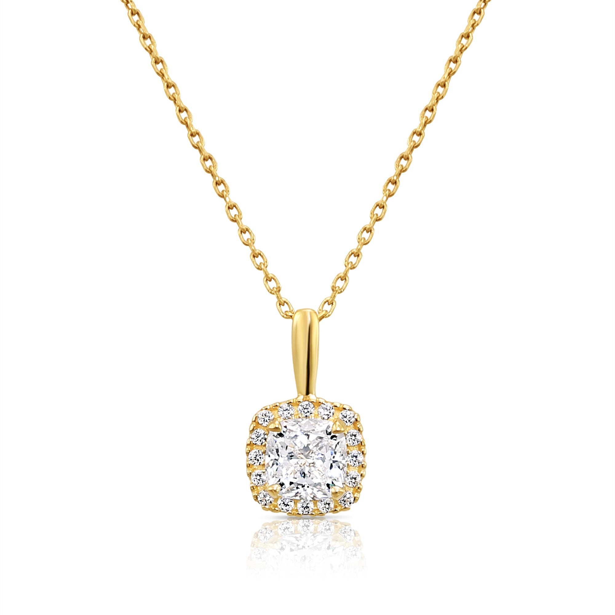 14K Solid Yellow Gold Cushion-Cut Halo CZ Pendant. With 18 Cable Chain Necklace