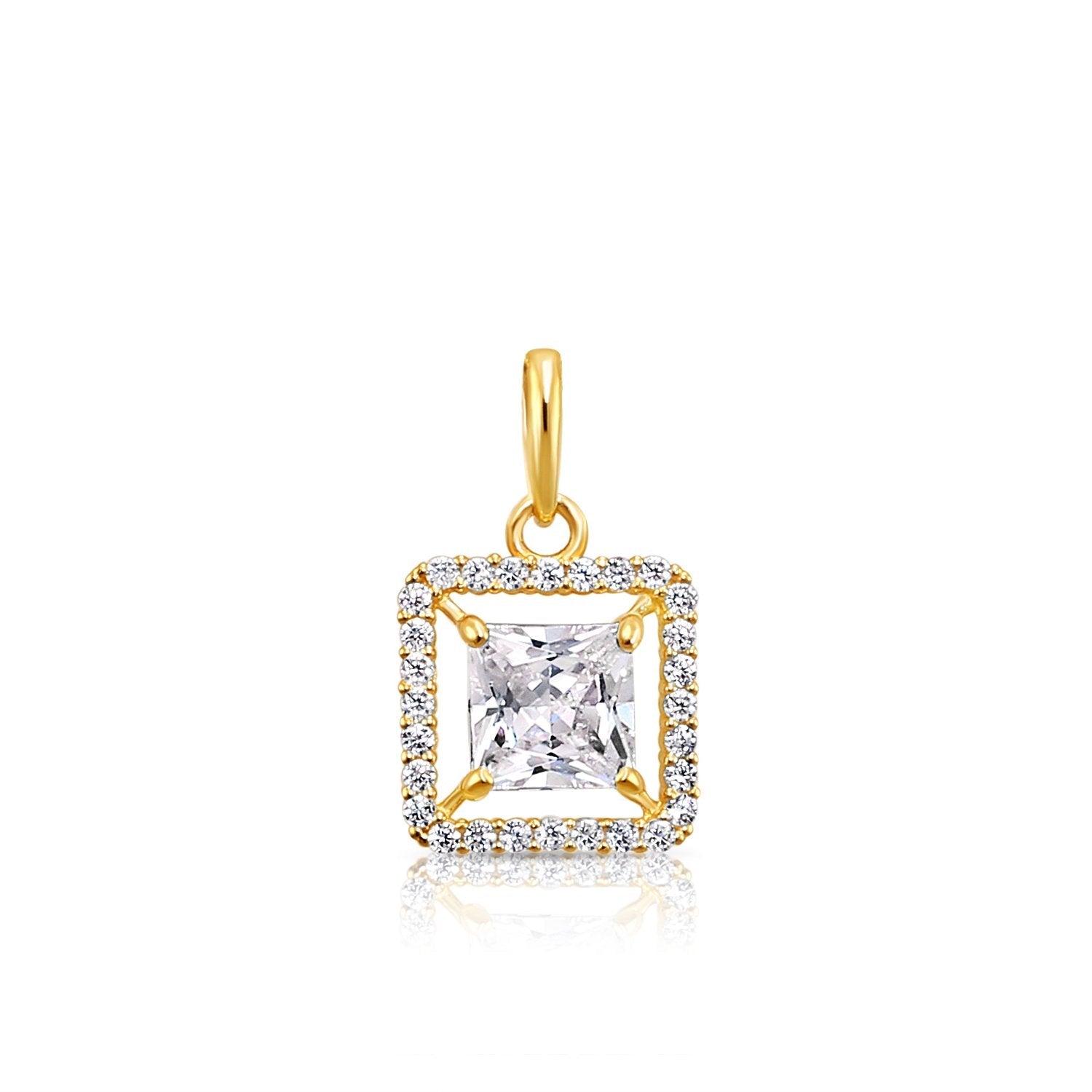 14K Solid Yellow Gold Princess-Cut Halo CZ Pendant. With 18 Cable Chain Necklace