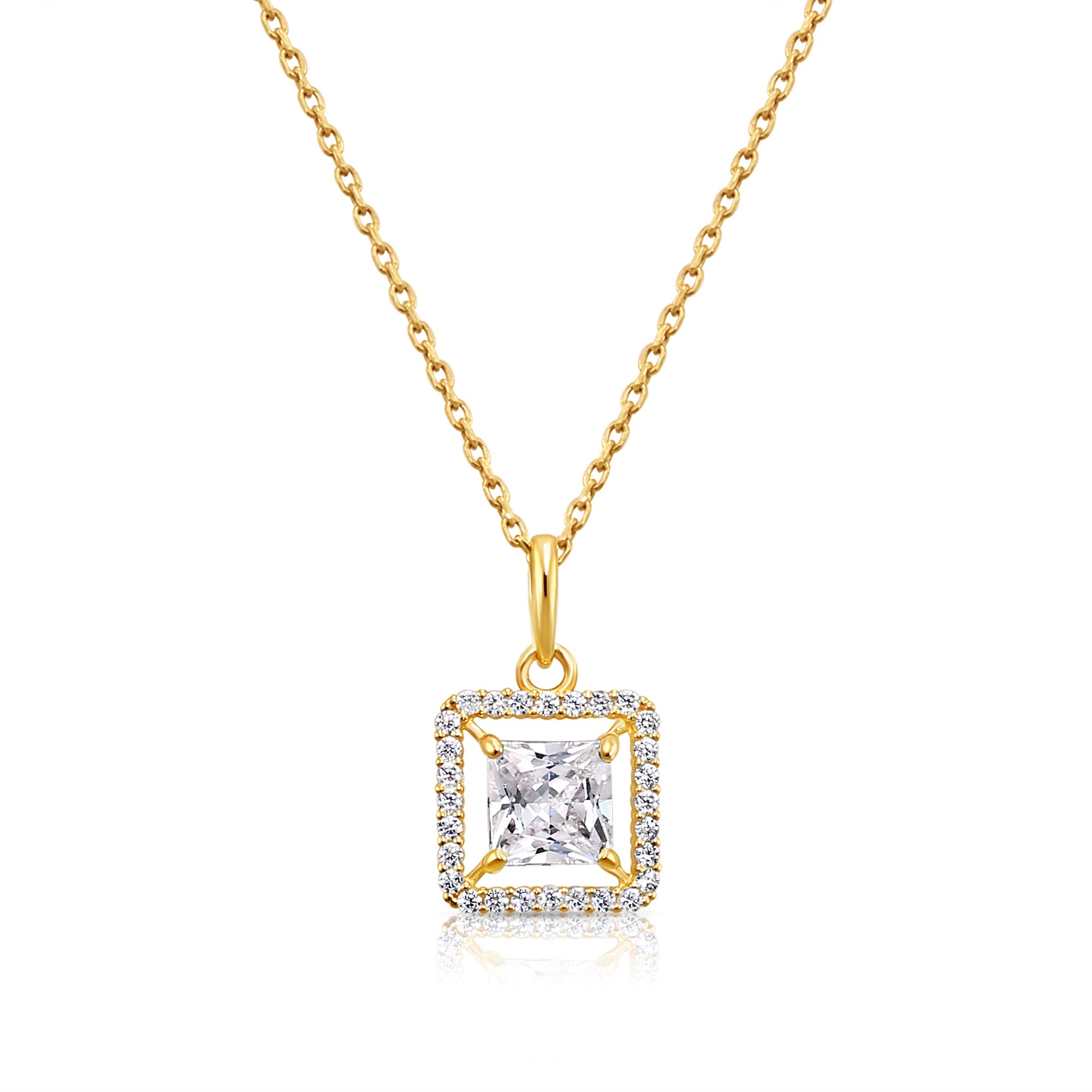 14K Solid Yellow Gold Princess-Cut Halo CZ Pendant. With 18 Cable Chain Necklace