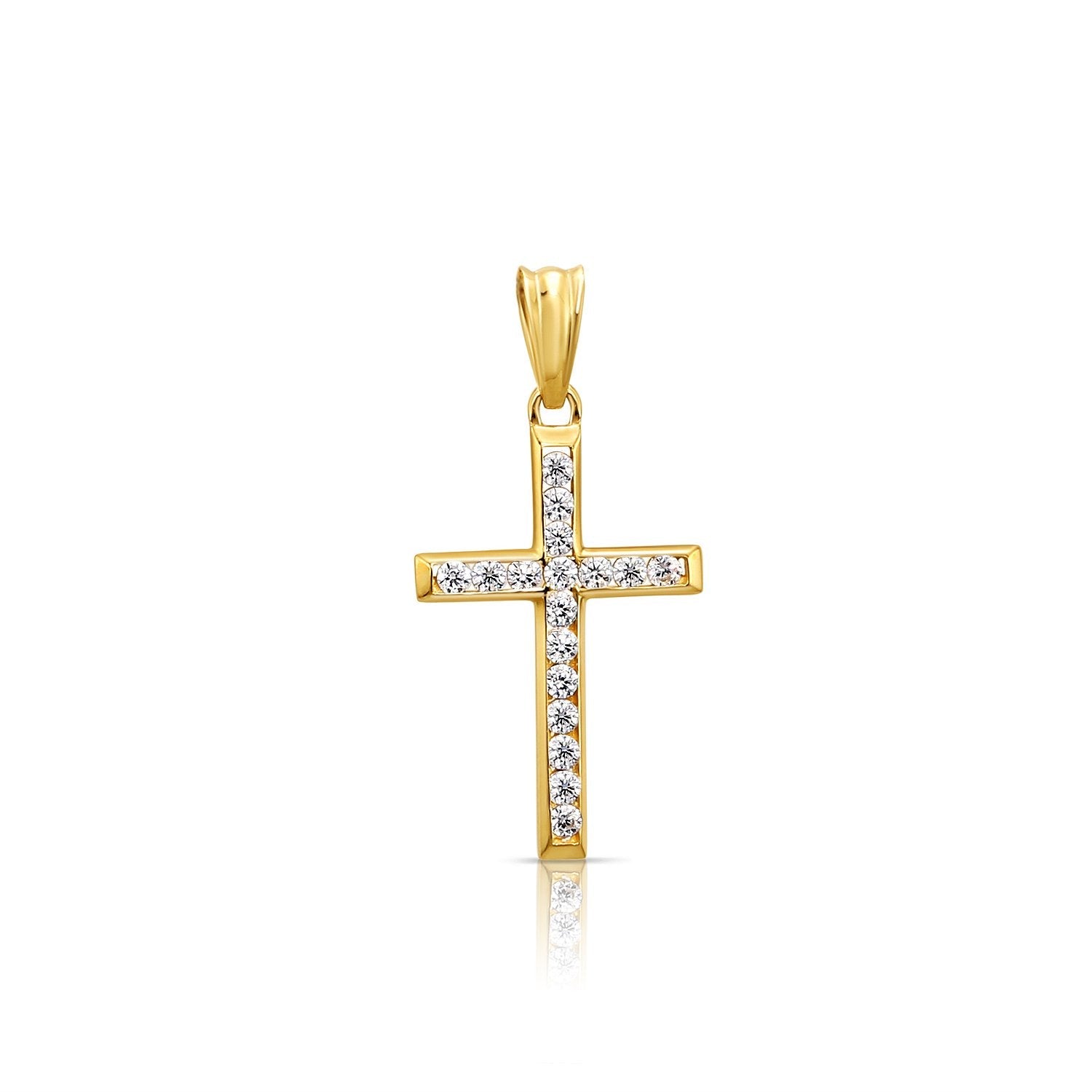 14K Solid Yellow Gold CZ Cross Pendant. With 18 Cable Chain Necklace