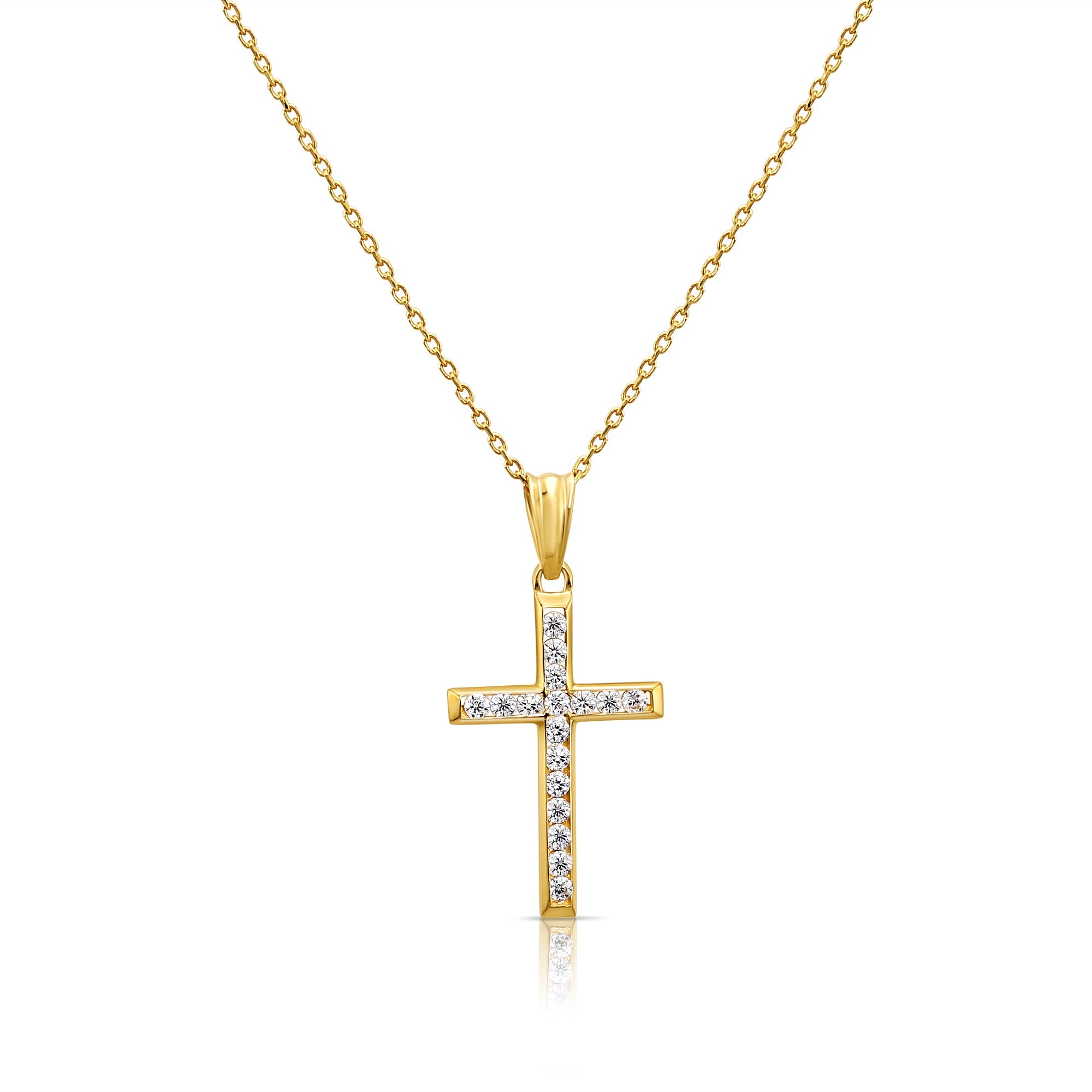 14K Solid Yellow Gold CZ Cross Pendant. With 18 Cable Chain Necklace