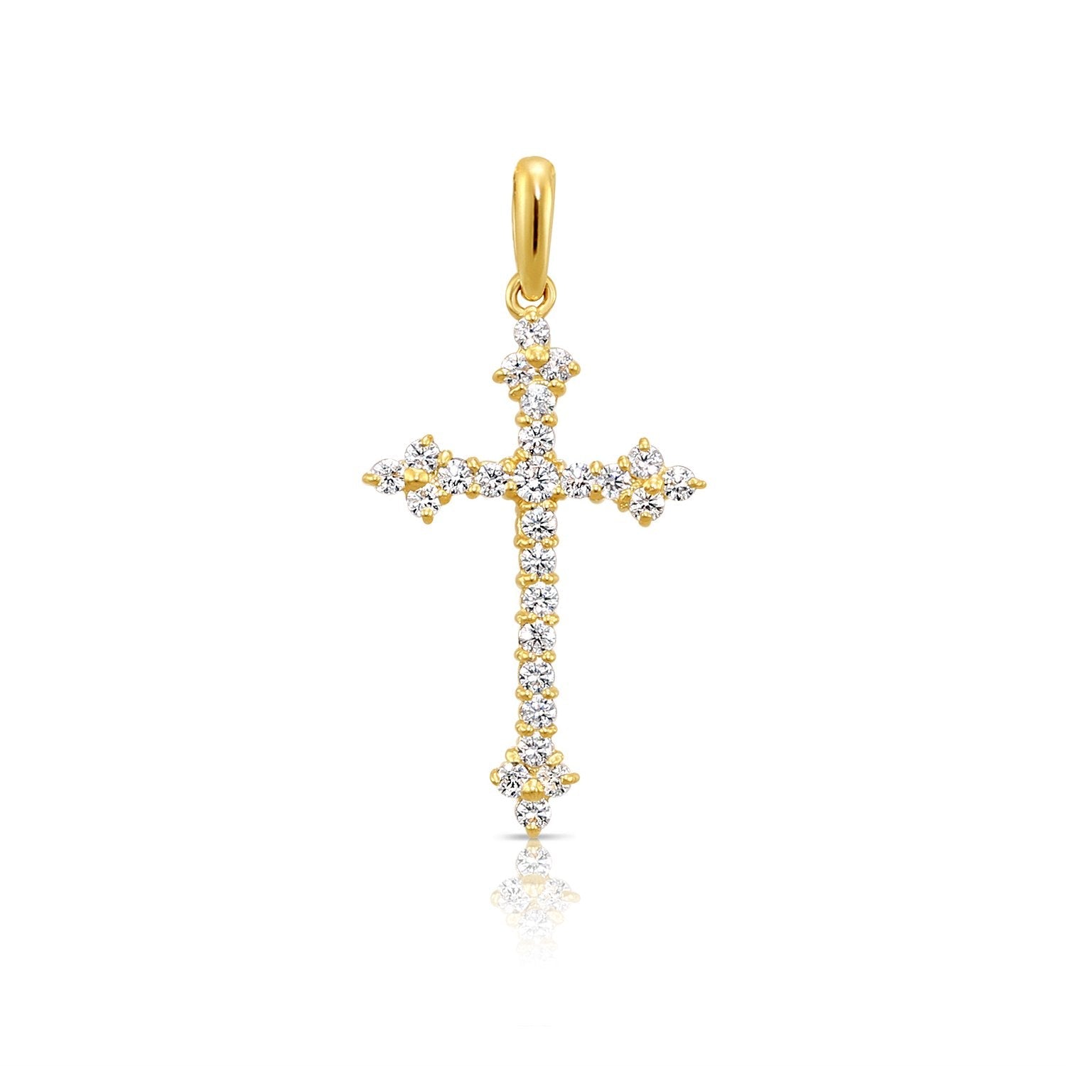 14K Solid Yellow Gold CZ Cross Pendant. With 18 Cable Chain Necklace