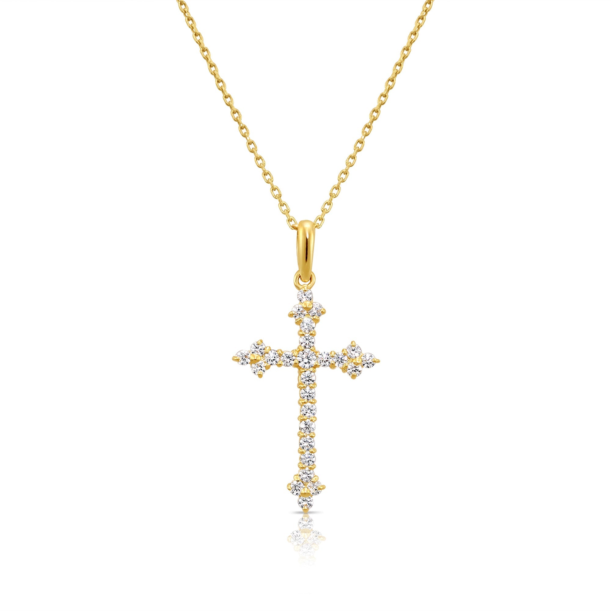 14K Solid Yellow Gold CZ Cross Pendant. With 18 Cable Chain Necklace