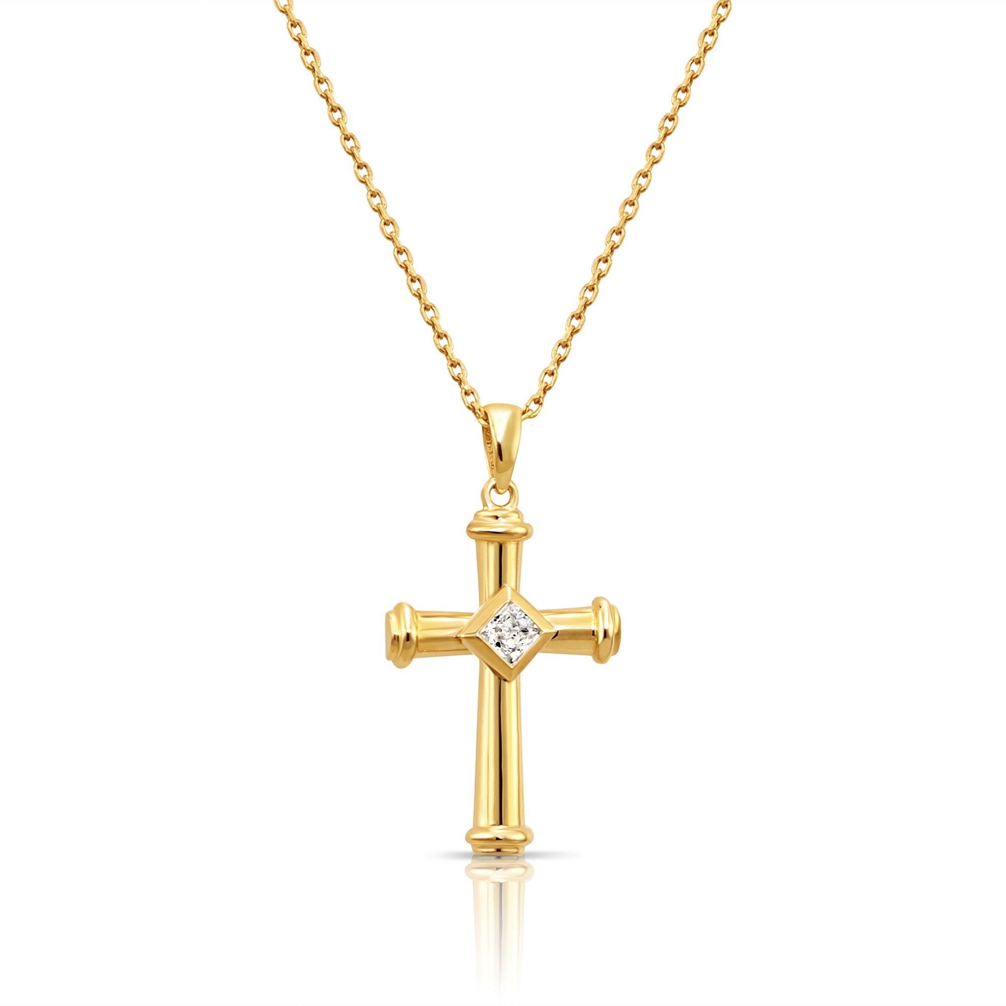 14K Solid Yellow Gold CZ Cross Pendant. With 18 Cable Chain Necklace