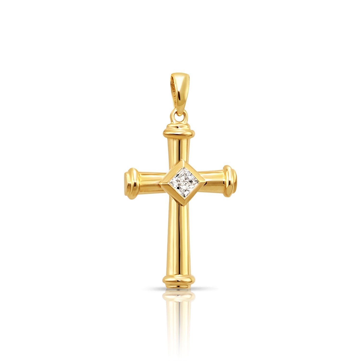 14K Solid Yellow Gold CZ Cross Pendant. With 18 Cable Chain Necklace