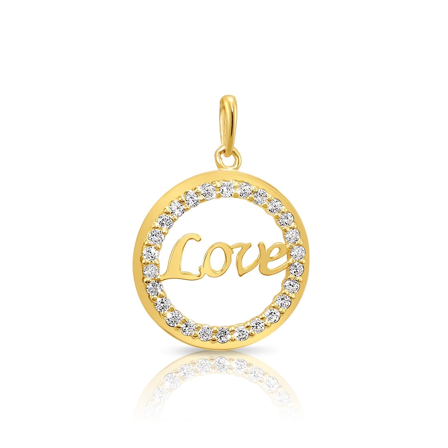 14K Solid Yellow Gold Love Script CZ Pendant. With 18 Cable Chain Necklace