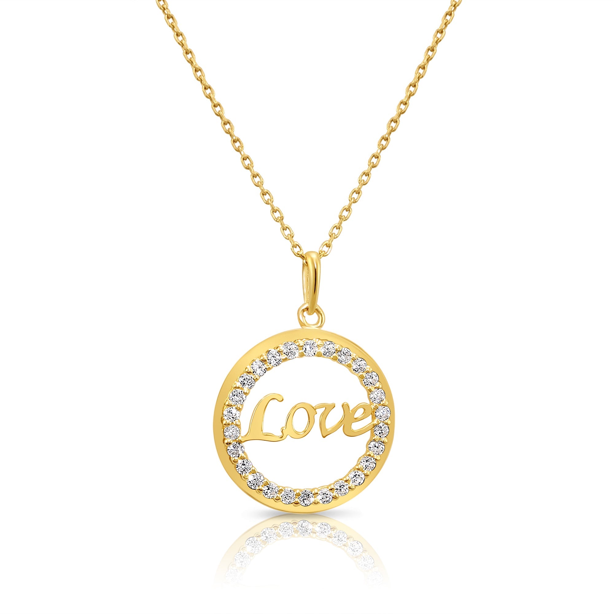 14K Solid Yellow Gold Love Script CZ Pendant. With 18 Cable Chain Necklace