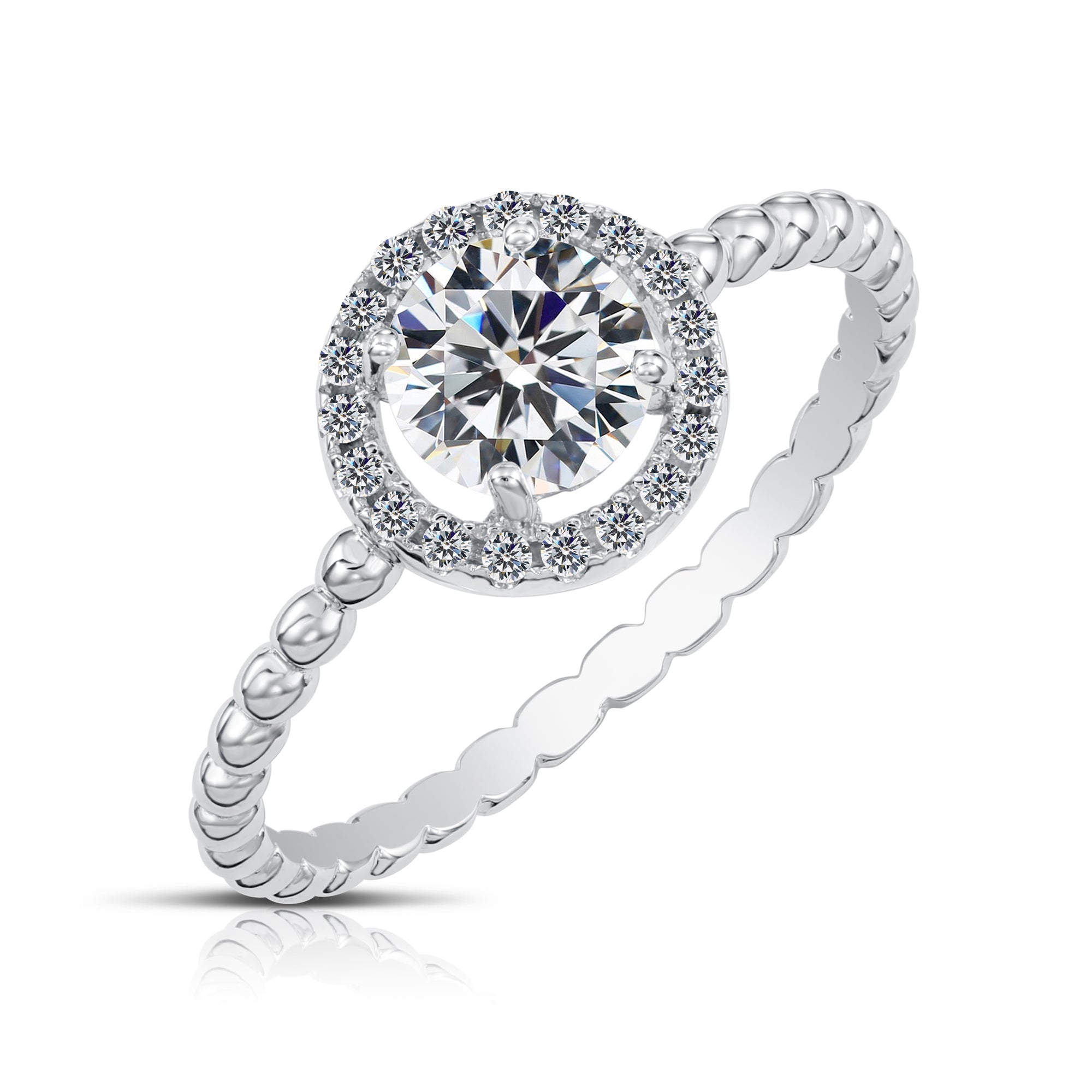 CZ Solitaire Round Halo Engagement Ring in Sterling Silver