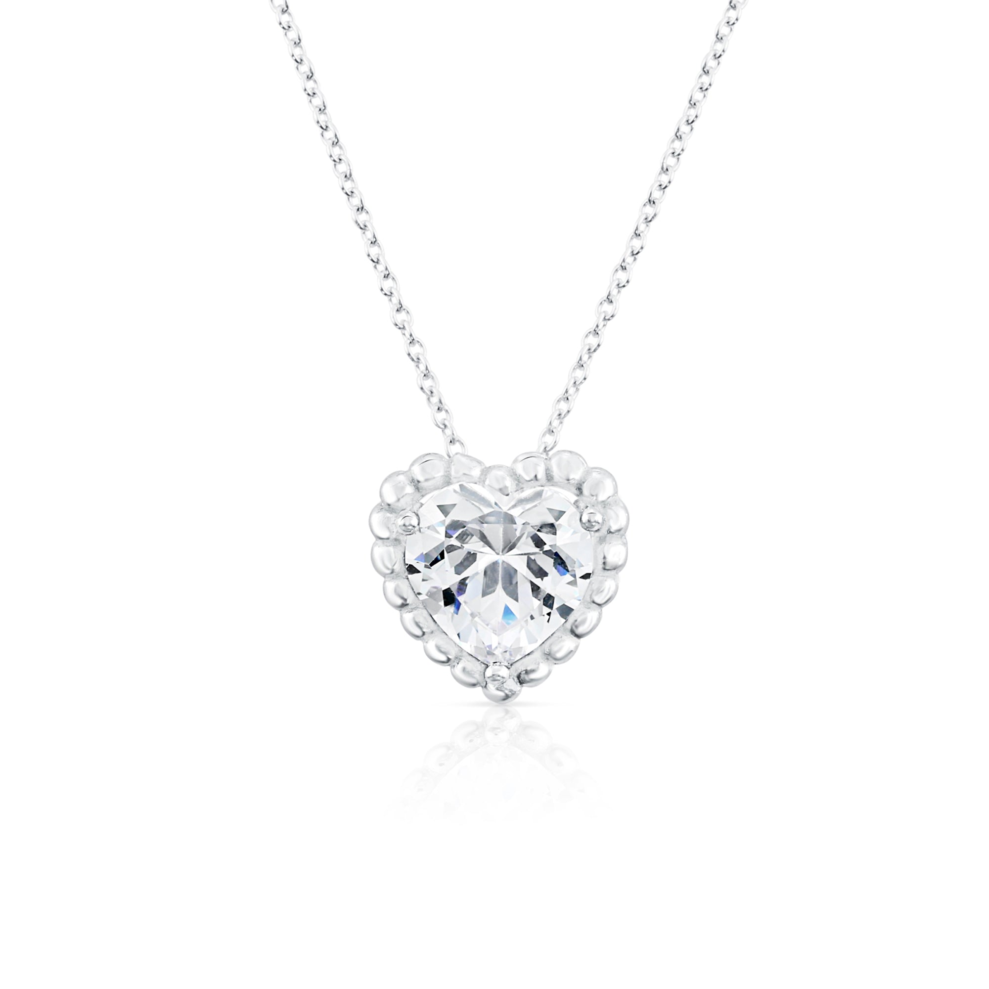 CZ Classic Heart Halo Charm Necklace in Sterling Silver