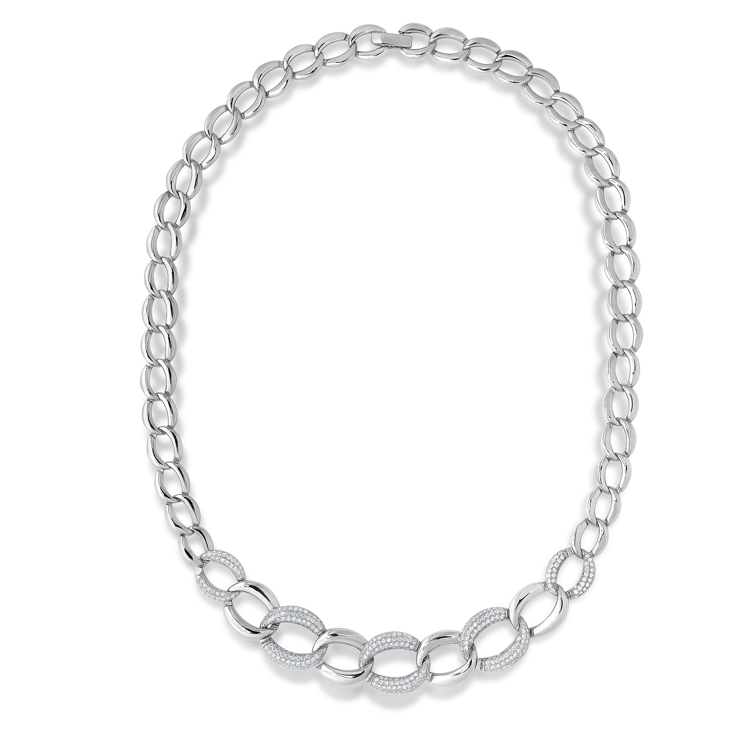 Solid 925 Sterling Silver Cuban Link Necklace. Set With Pave Brilliant CZ Stones. 18 Inch